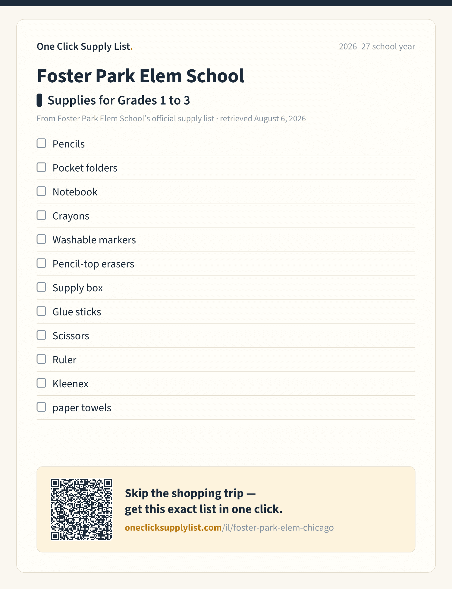Foster Park Elem School Supplies for Grades 1 to 3 supply list — printable image