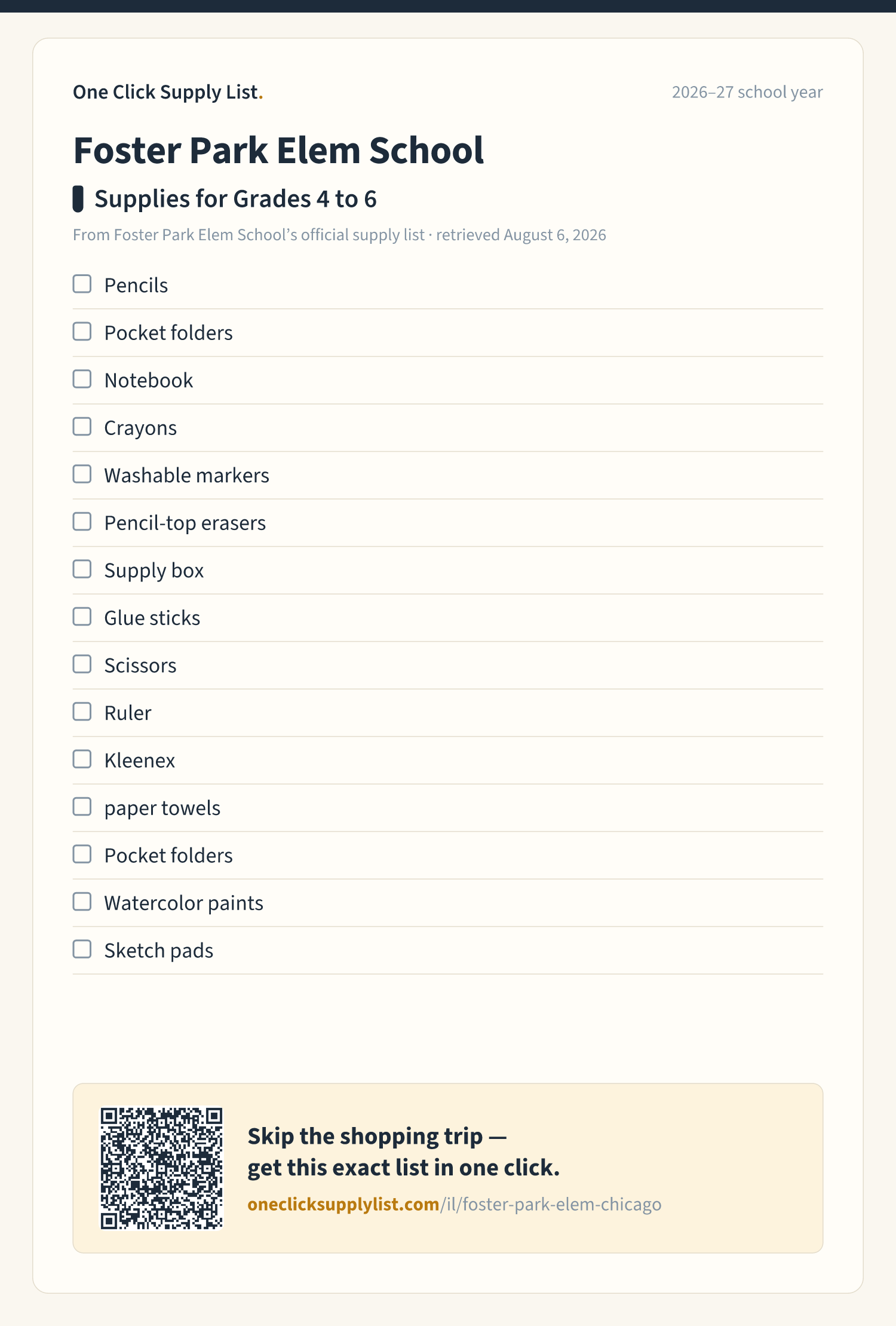 Foster Park Elem School Supplies for Grades 4 to 6 supply list — printable image