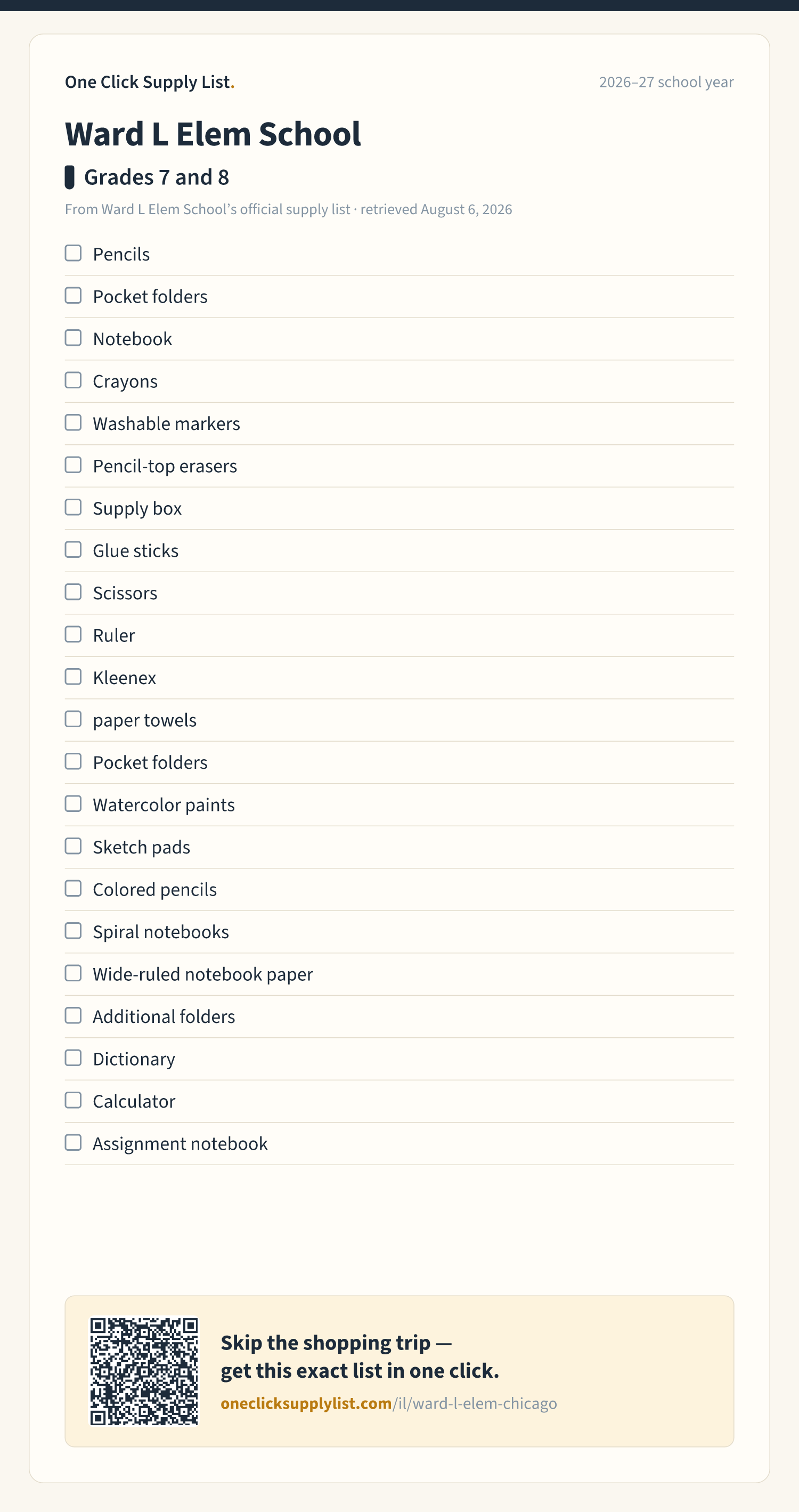 Ward L Elem School Grades 7 and 8 supply list — printable image