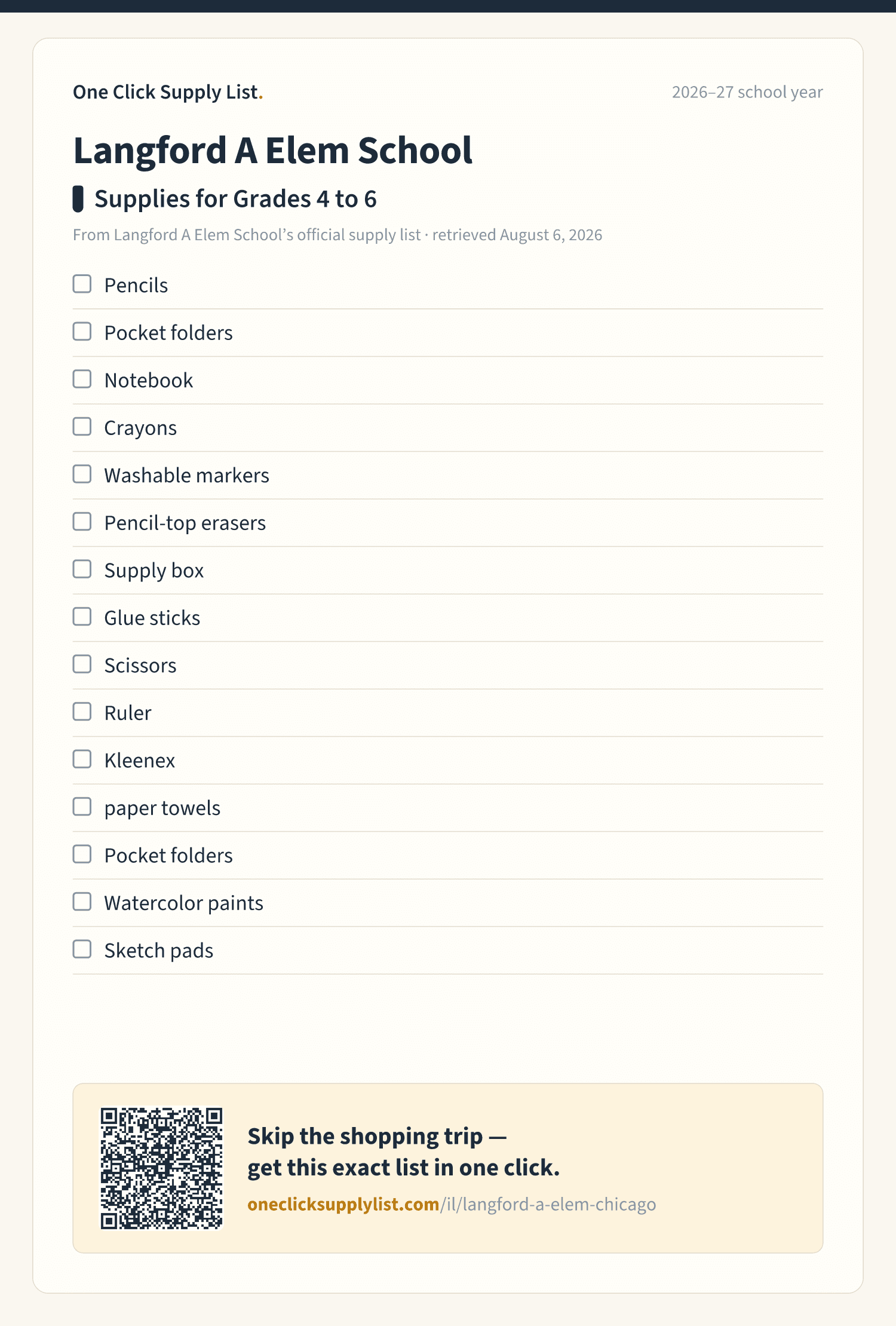Langford A Elem School Supplies for Grades 4 to 6 supply list — printable image