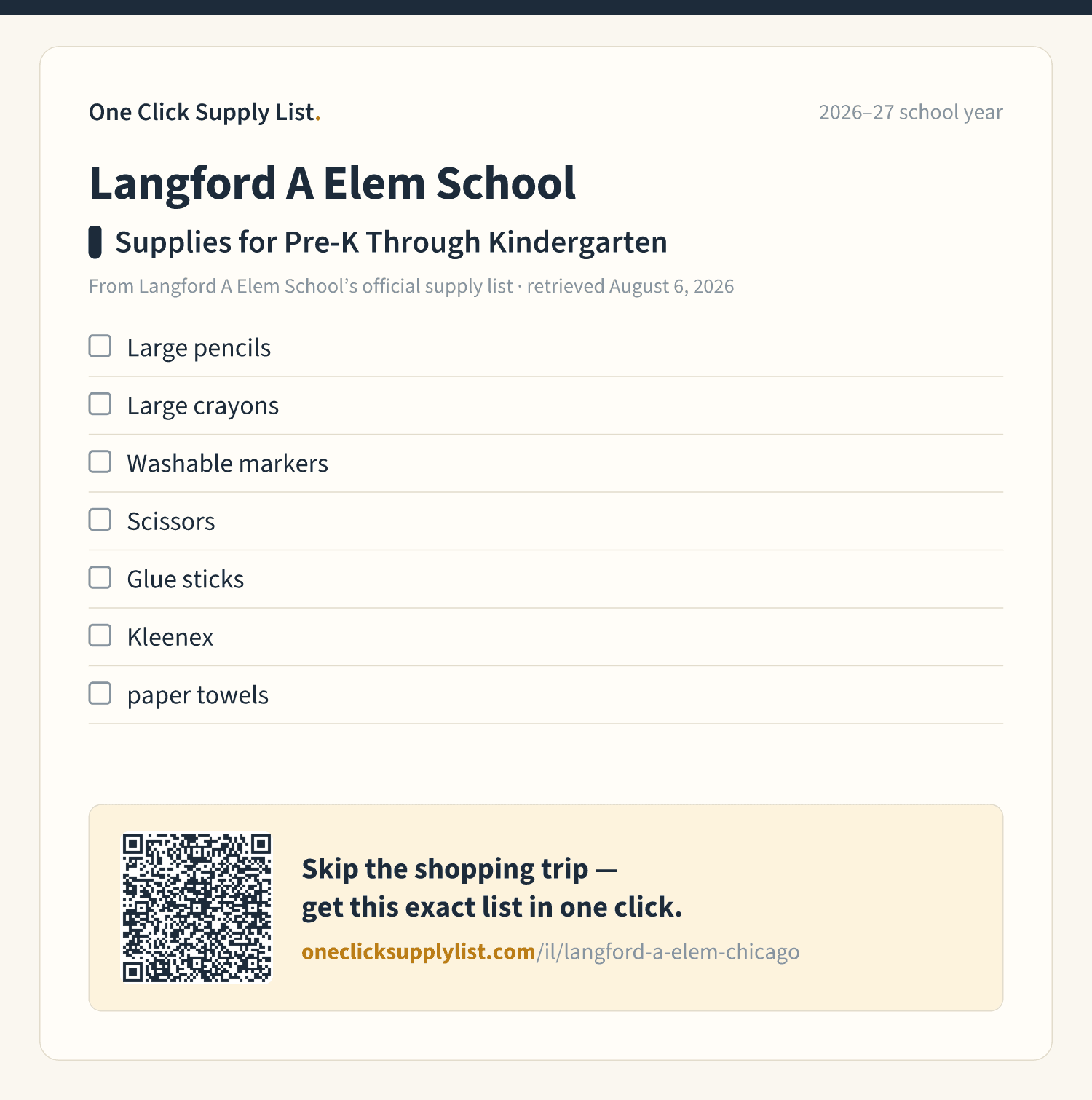 Langford A Elem School Supplies for Pre-K Through Kindergarten supply list — printable image