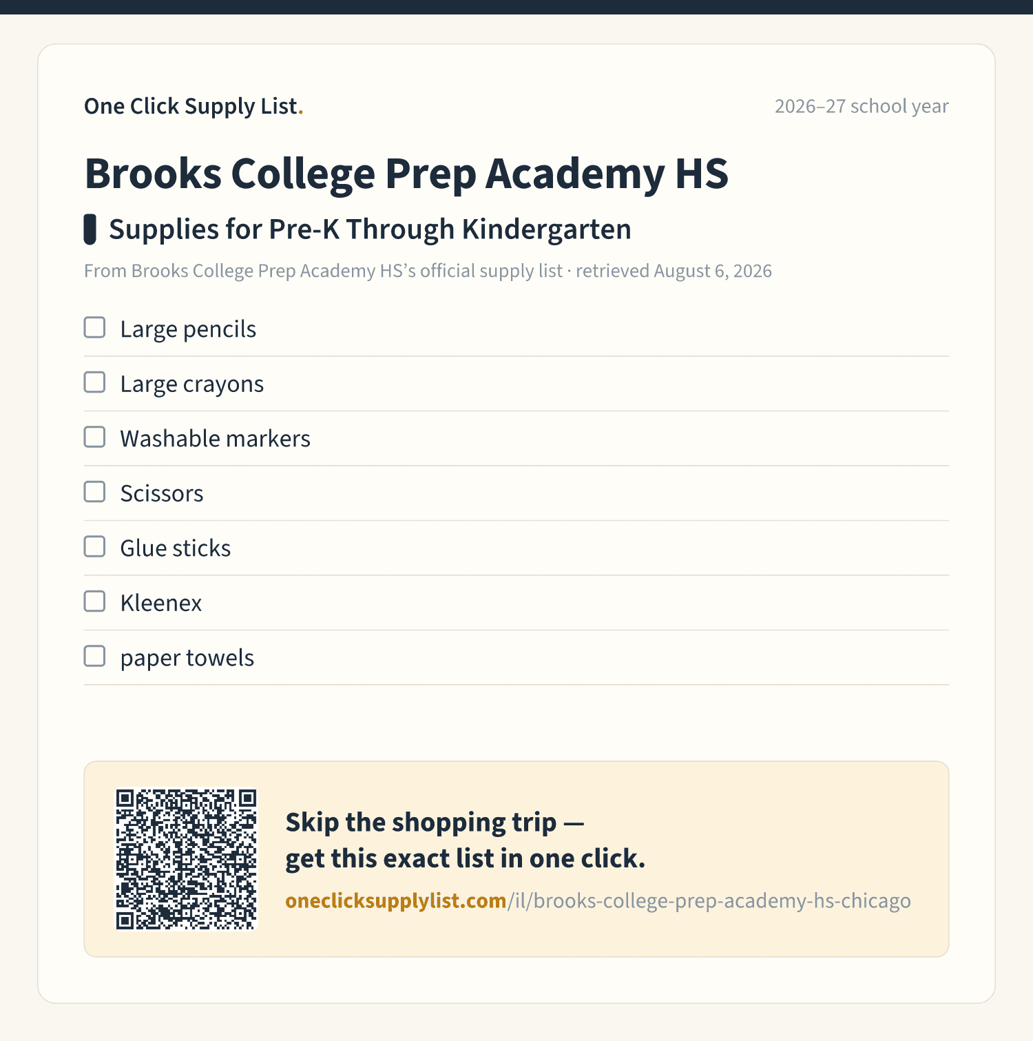 Brooks College Prep Academy HS Supplies for Pre-K Through Kindergarten supply list — printable image