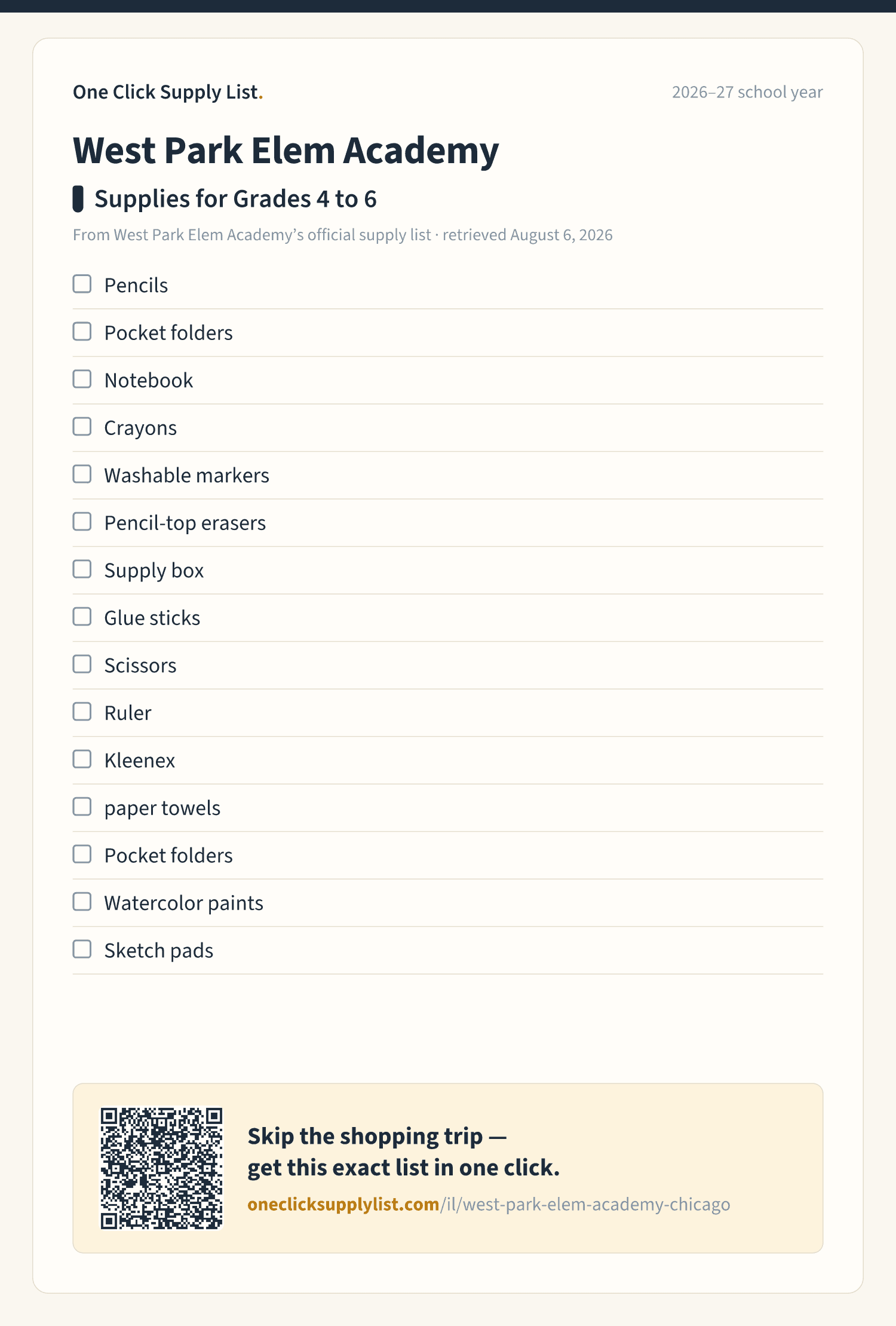 West Park Elem Academy Supplies for Grades 4 to 6 supply list — printable image
