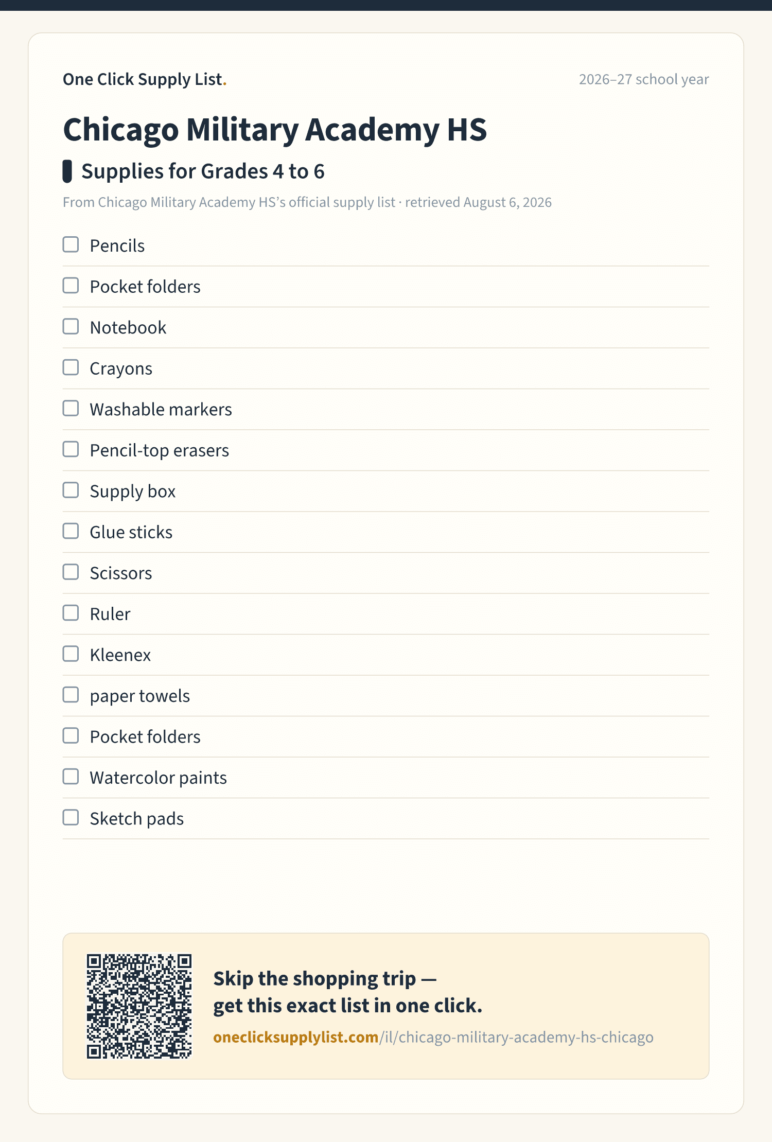 Chicago Military Academy HS Supplies for Grades 4 to 6 supply list — printable image
