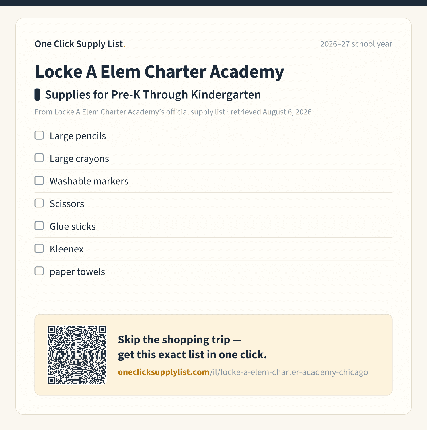 Locke A Elem Charter Academy Supplies for Pre-K Through Kindergarten supply list — printable image