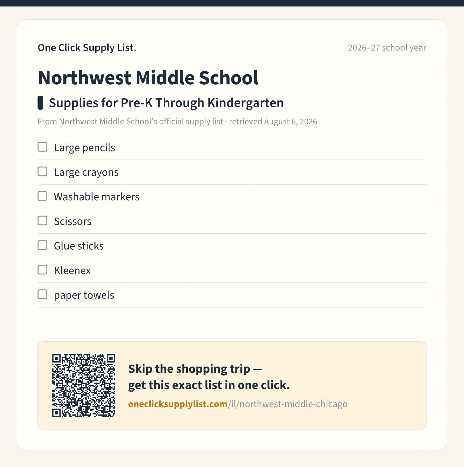 Northwest Middle School Supplies for Pre-K Through Kindergarten supply list — printable image
