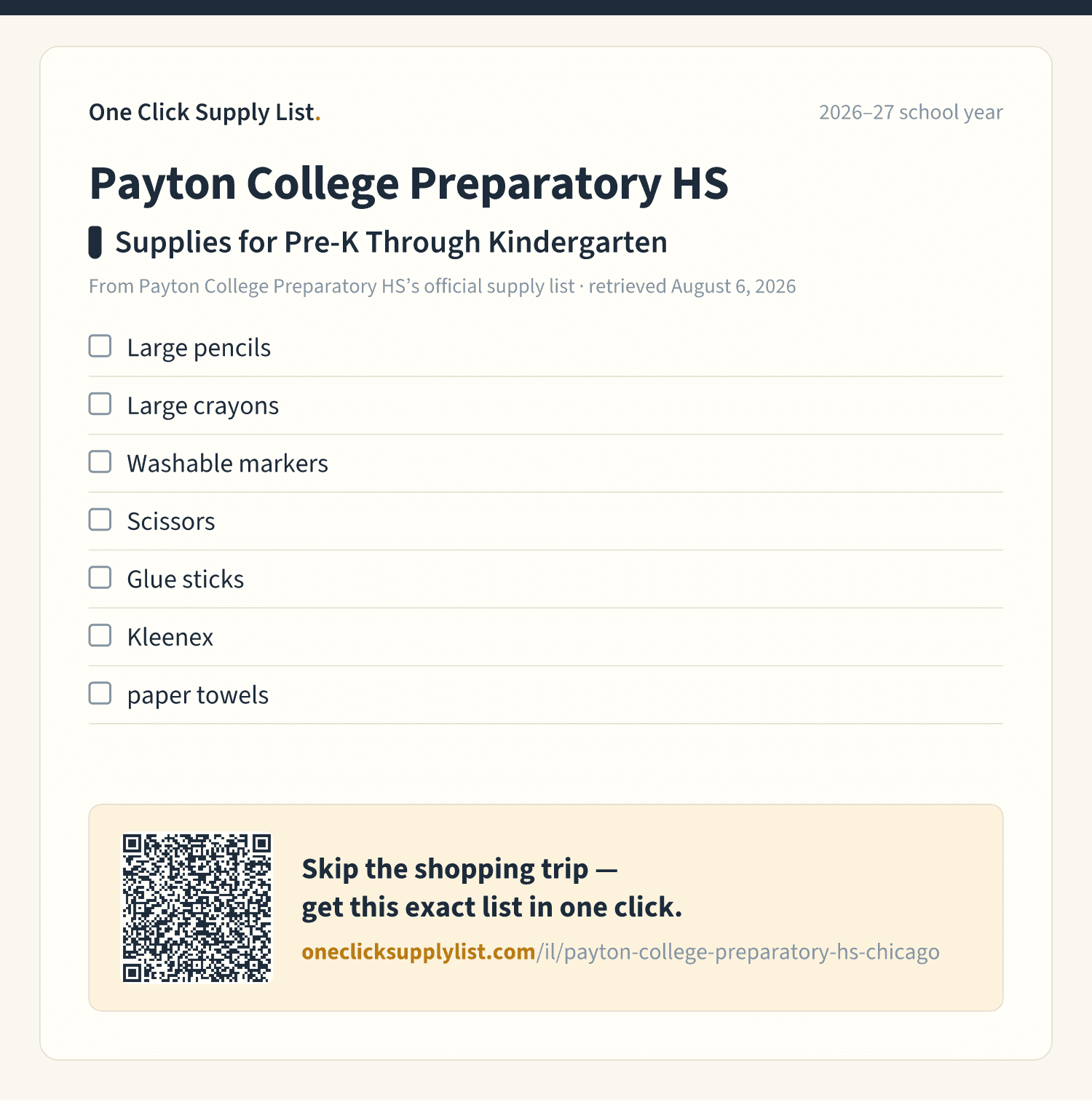 Payton College Preparatory HS Supplies for Pre-K Through Kindergarten supply list — printable image