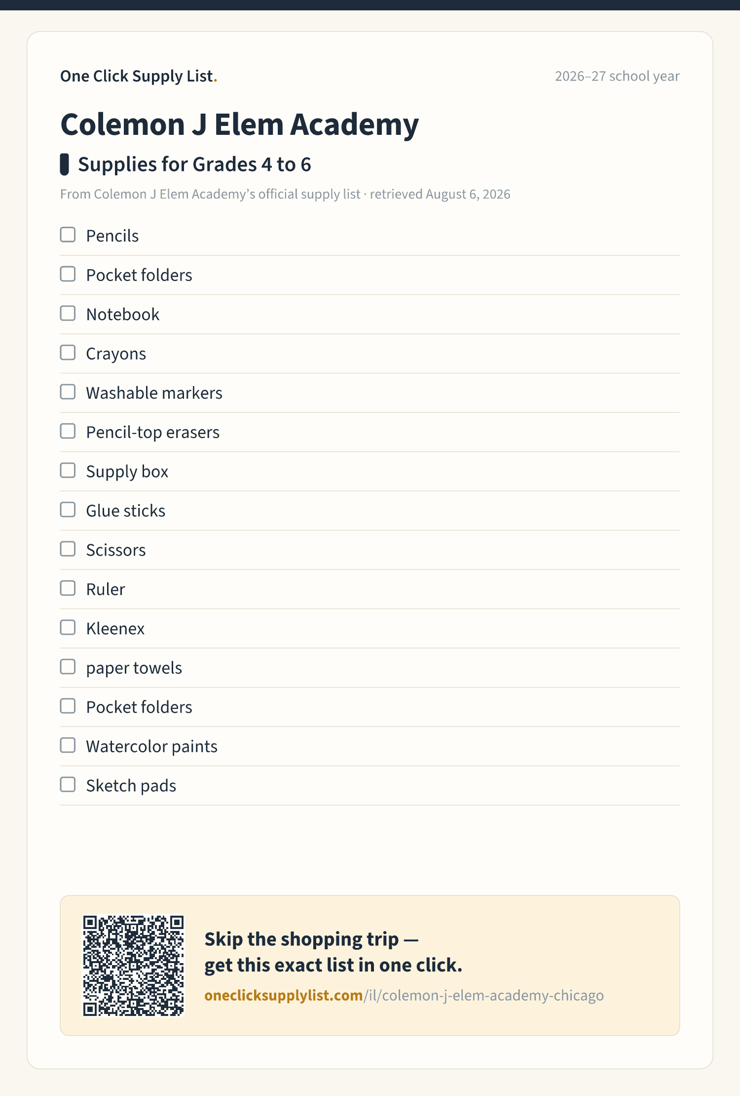 Colemon J Elem Academy Supplies for Grades 4 to 6 supply list — printable image