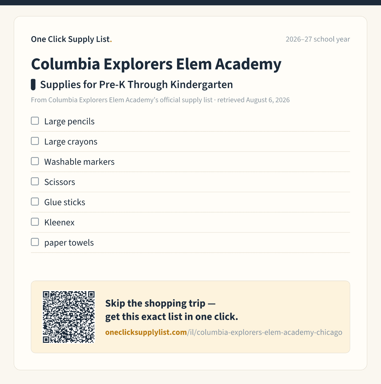 Columbia Explorers Elem Academy Supplies for Pre-K Through Kindergarten supply list — printable image