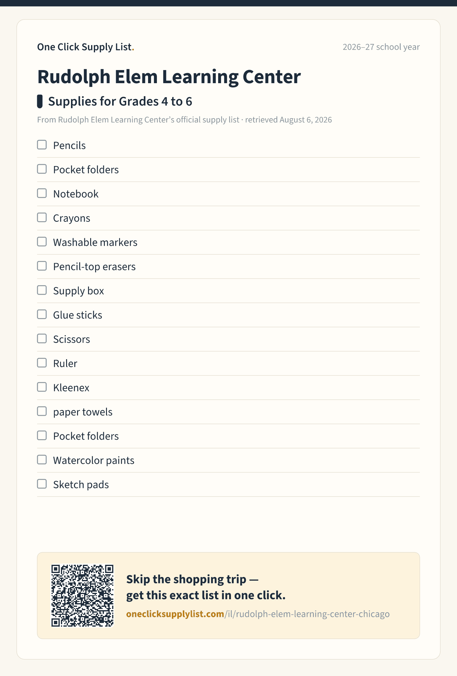 Rudolph Elem Learning Center Supplies for Grades 4 to 6 supply list — printable image