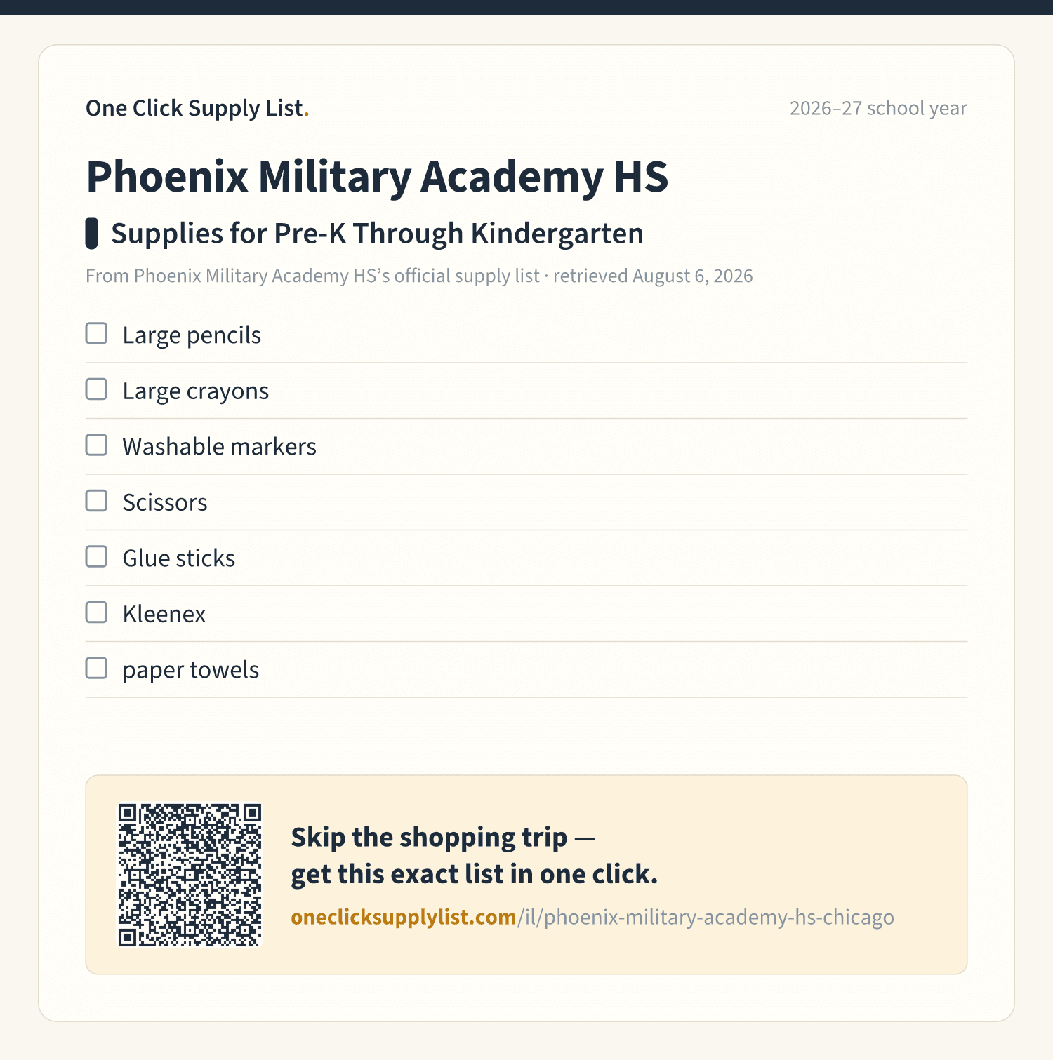 Phoenix Military Academy HS Supplies for Pre-K Through Kindergarten supply list — printable image