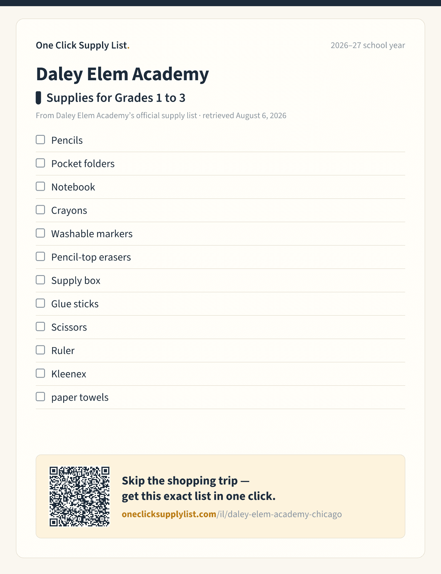Daley Elem Academy Supplies for Grades 1 to 3 supply list — printable image