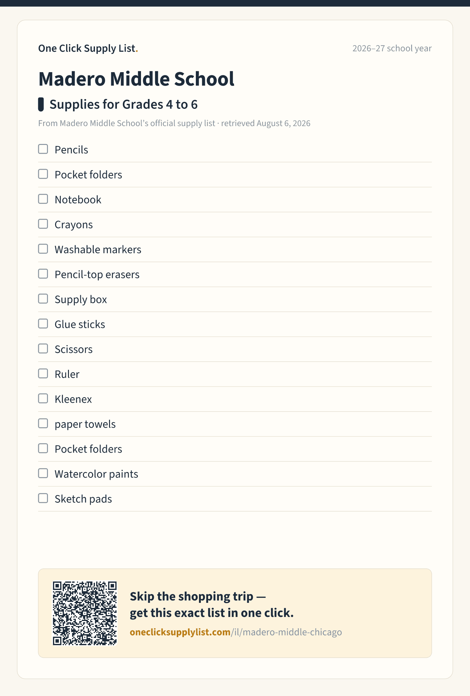 Madero Middle School Supplies for Grades 4 to 6 supply list — printable image