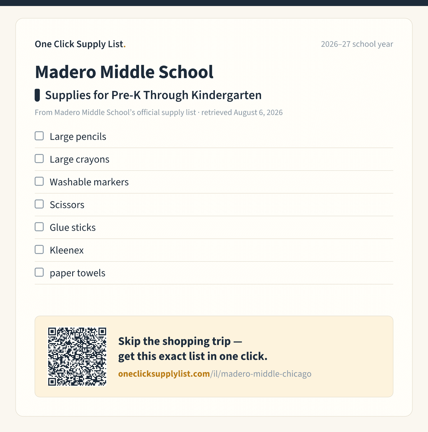 Madero Middle School Supplies for Pre-K Through Kindergarten supply list — printable image