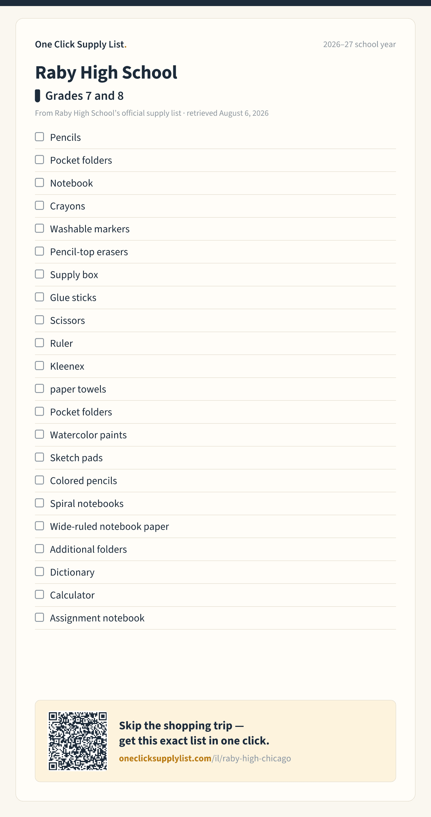 Raby High School Grades 7 and 8 supply list — printable image