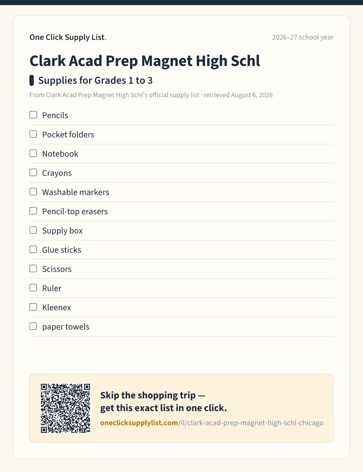 Clark Acad Prep Magnet High Schl Supplies for Grades 1 to 3 supply list — printable image