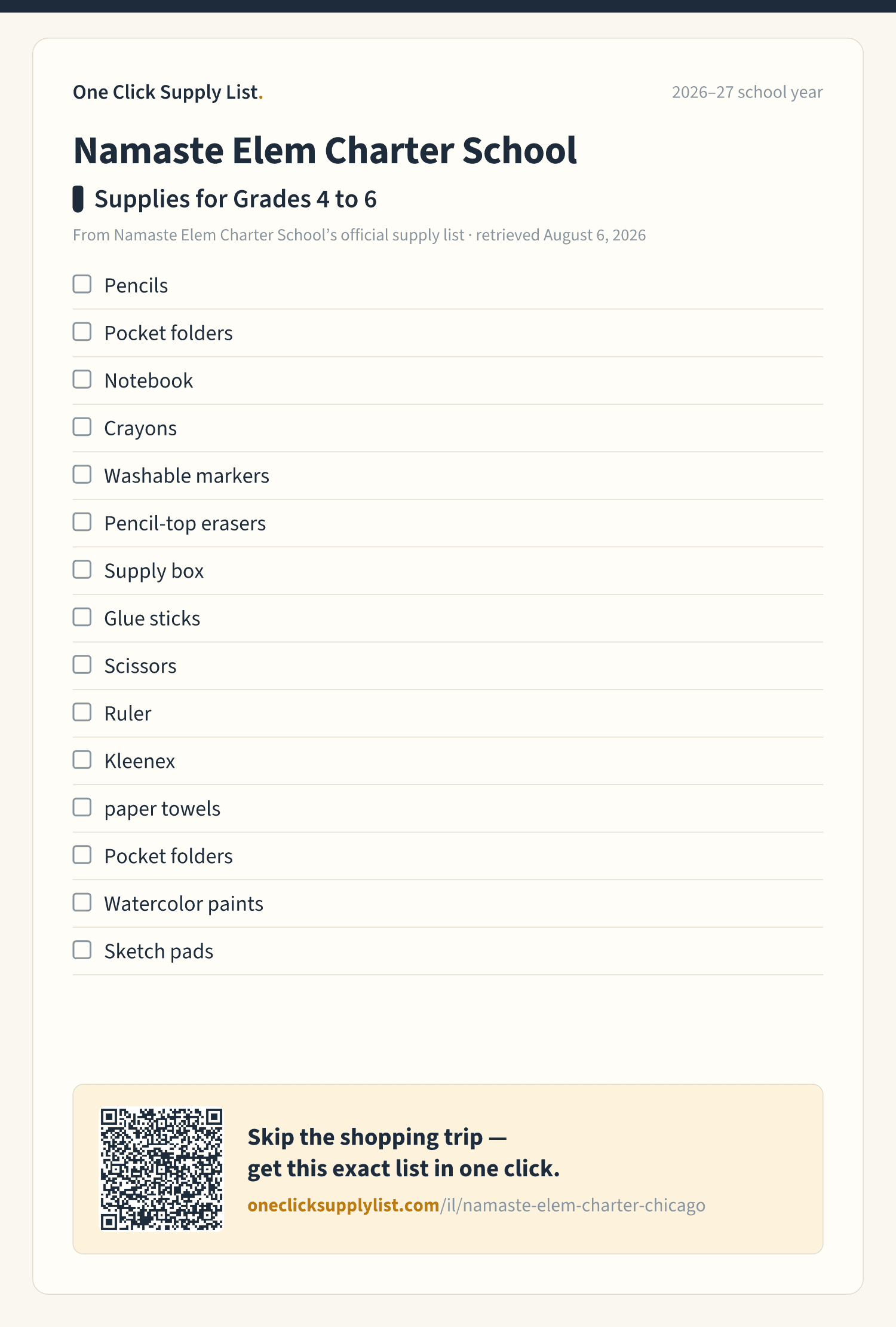 Namaste Elem Charter School Supplies for Grades 4 to 6 supply list — printable image