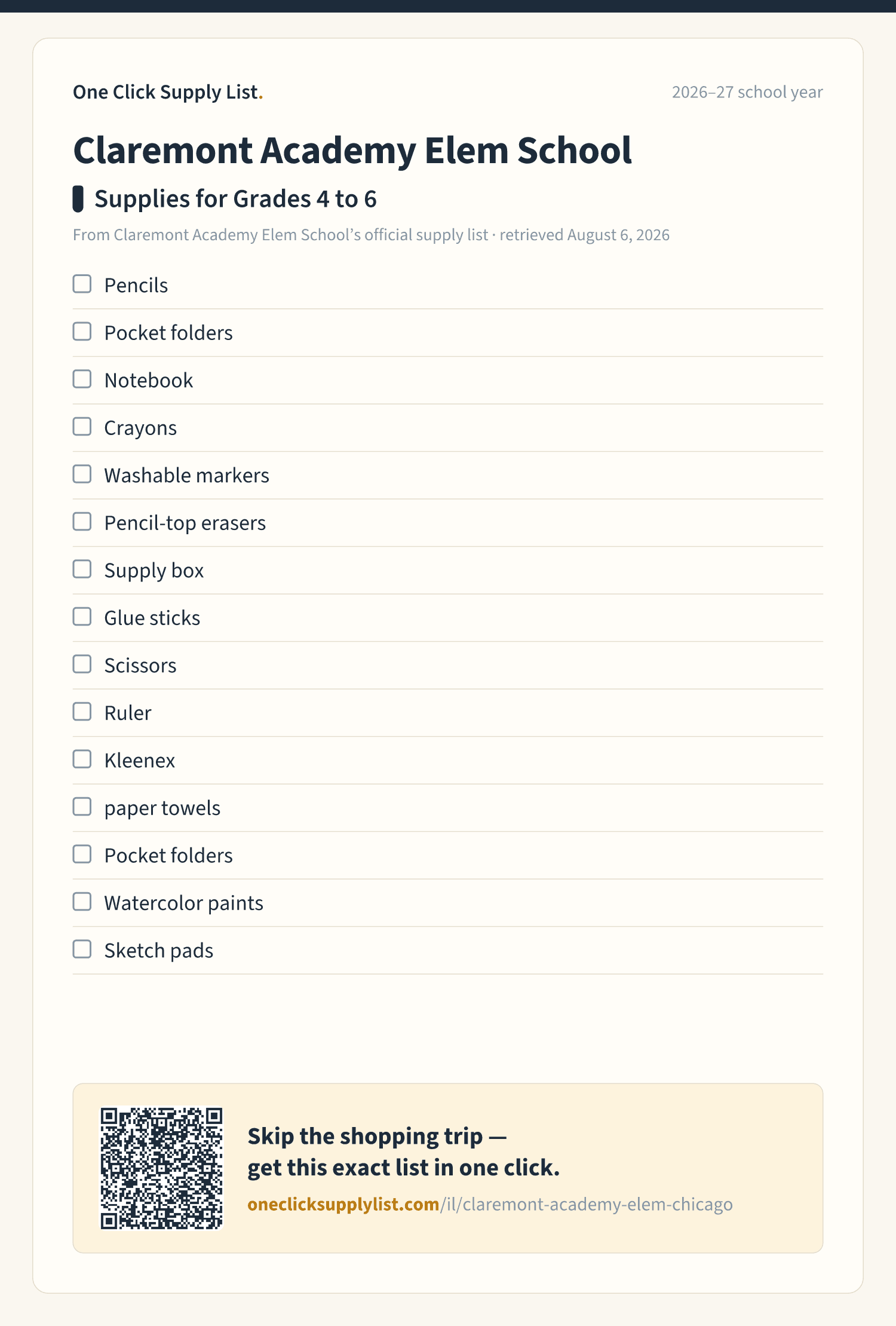 Claremont Academy Elem School Supplies for Grades 4 to 6 supply list — printable image