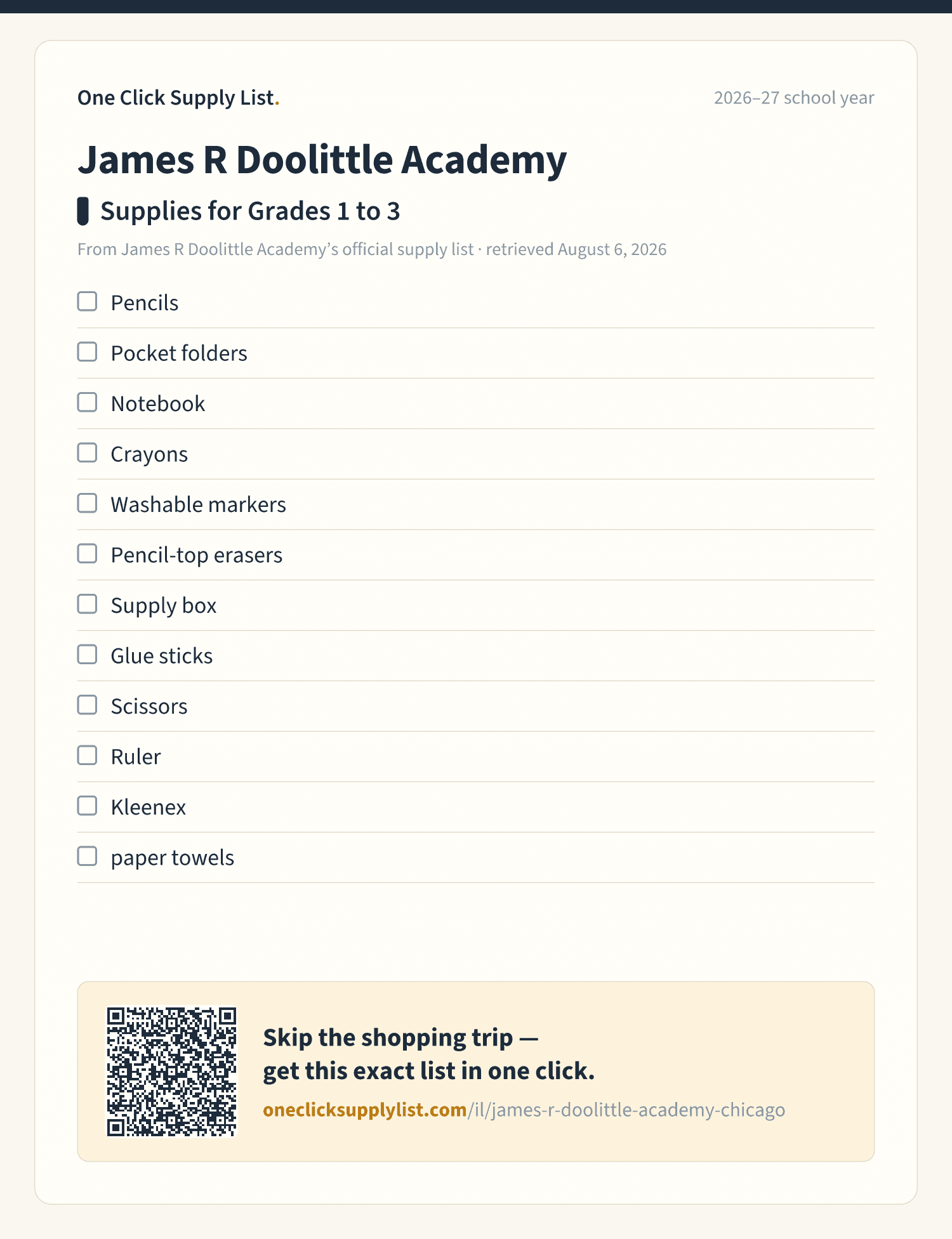 James R Doolittle Academy Supplies for Grades 1 to 3 supply list — printable image