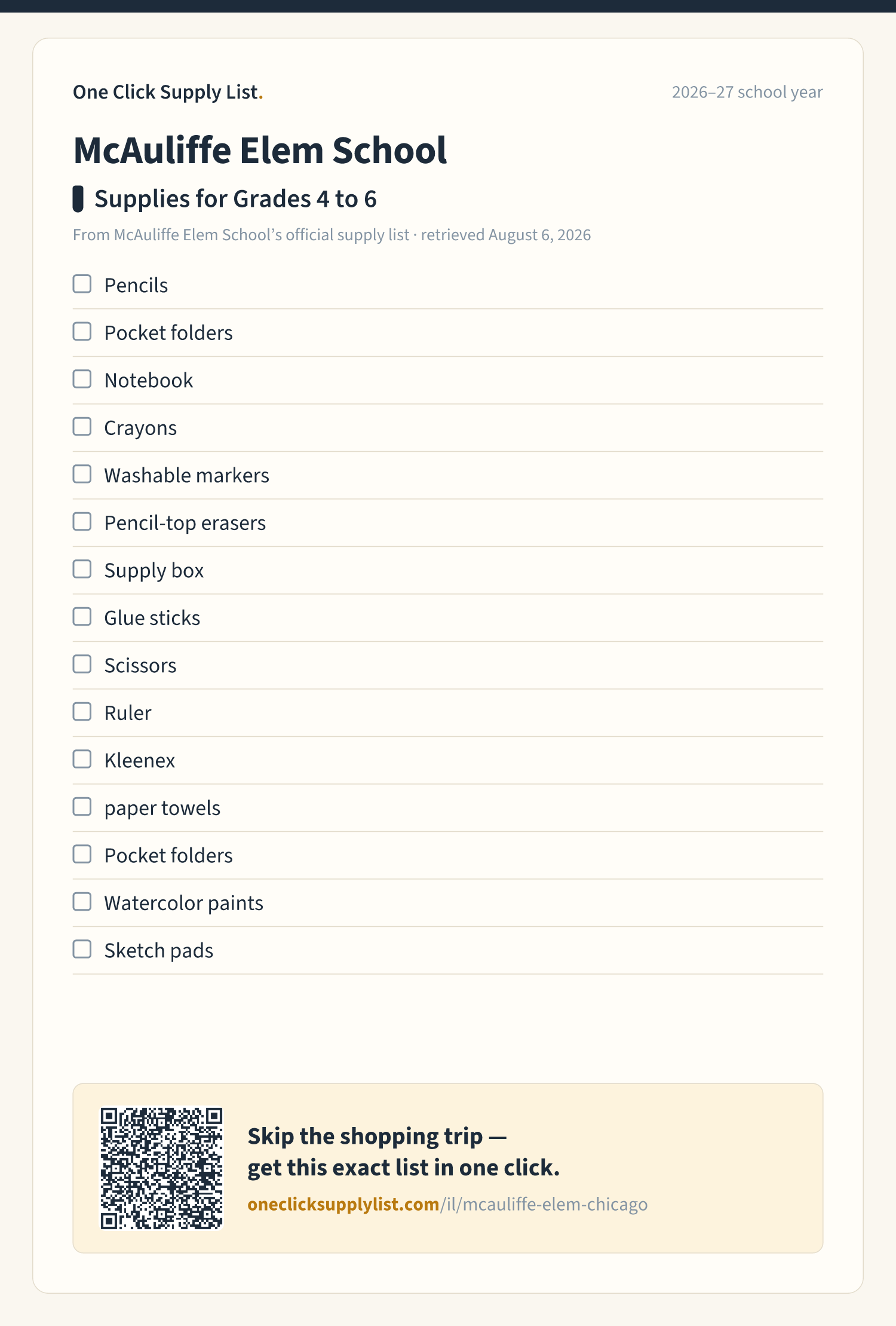 McAuliffe Elem School Supplies for Grades 4 to 6 supply list — printable image