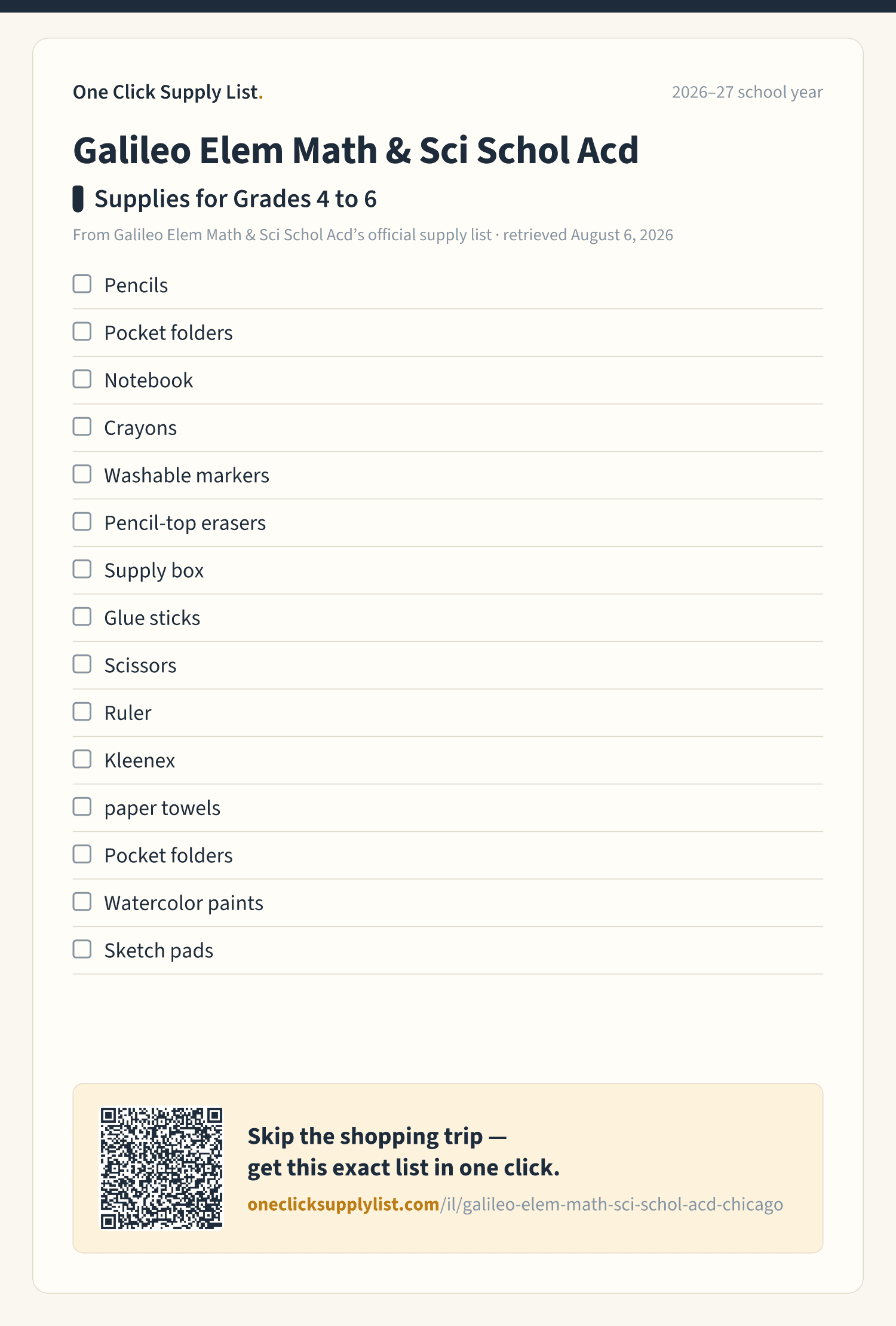 Galileo Elem Math & Sci Schol Acd Supplies for Grades 4 to 6 supply list — printable image