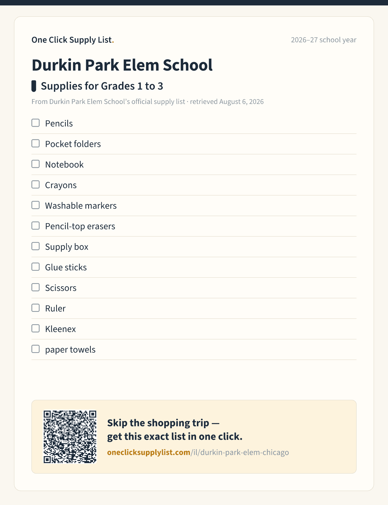 Durkin Park Elem School Supplies for Grades 1 to 3 supply list — printable image