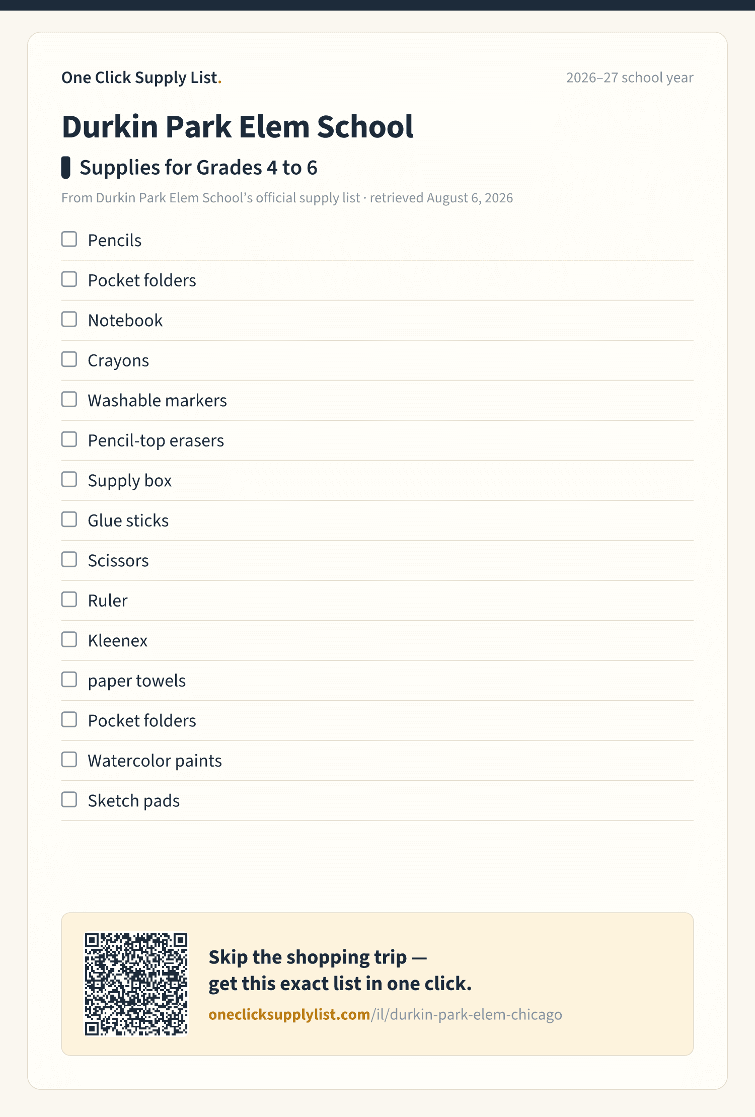Durkin Park Elem School Supplies for Grades 4 to 6 supply list — printable image