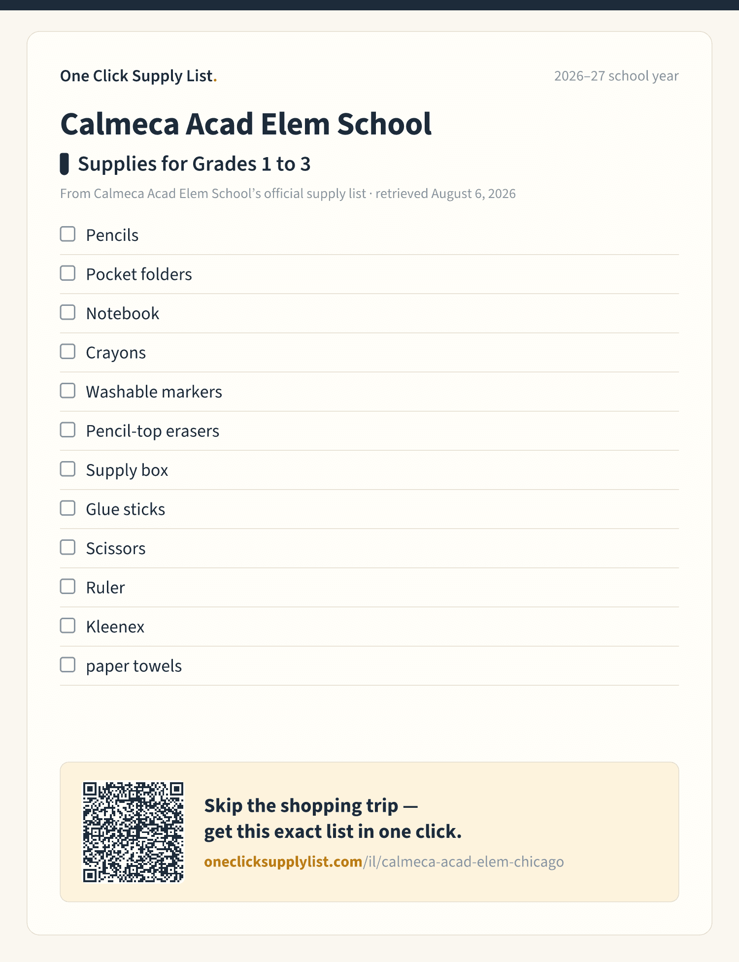 Calmeca Acad Elem School Supplies for Grades 1 to 3 supply list — printable image