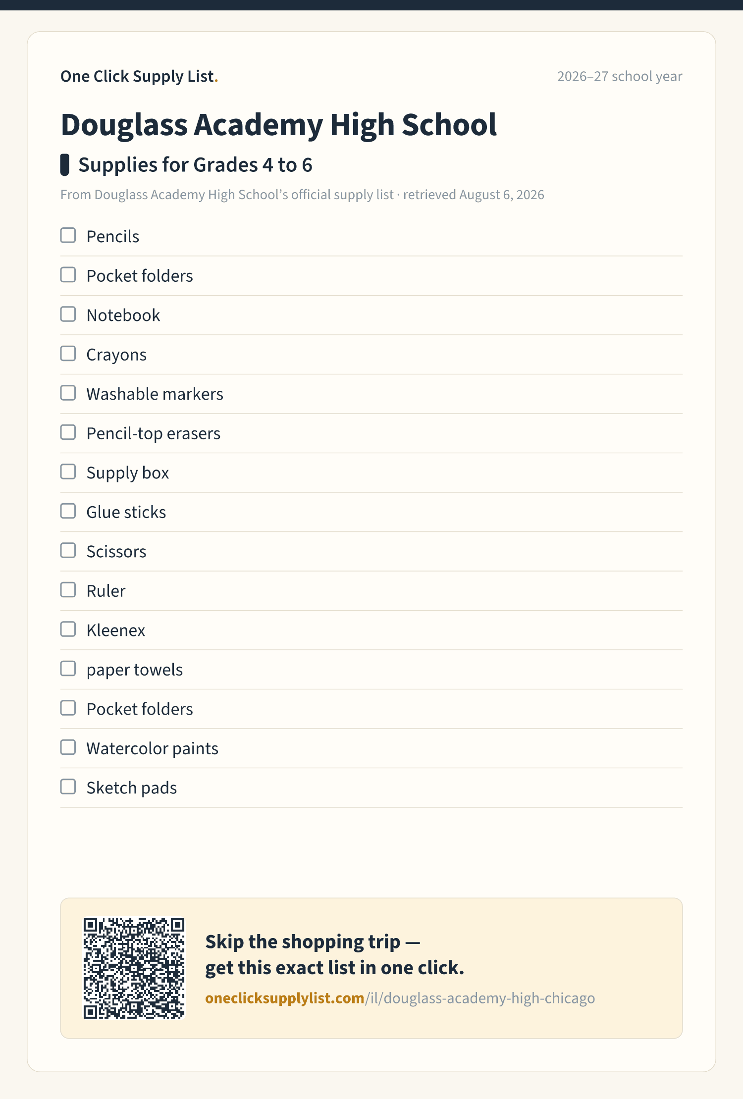 Douglass Academy High School Supplies for Grades 4 to 6 supply list — printable image