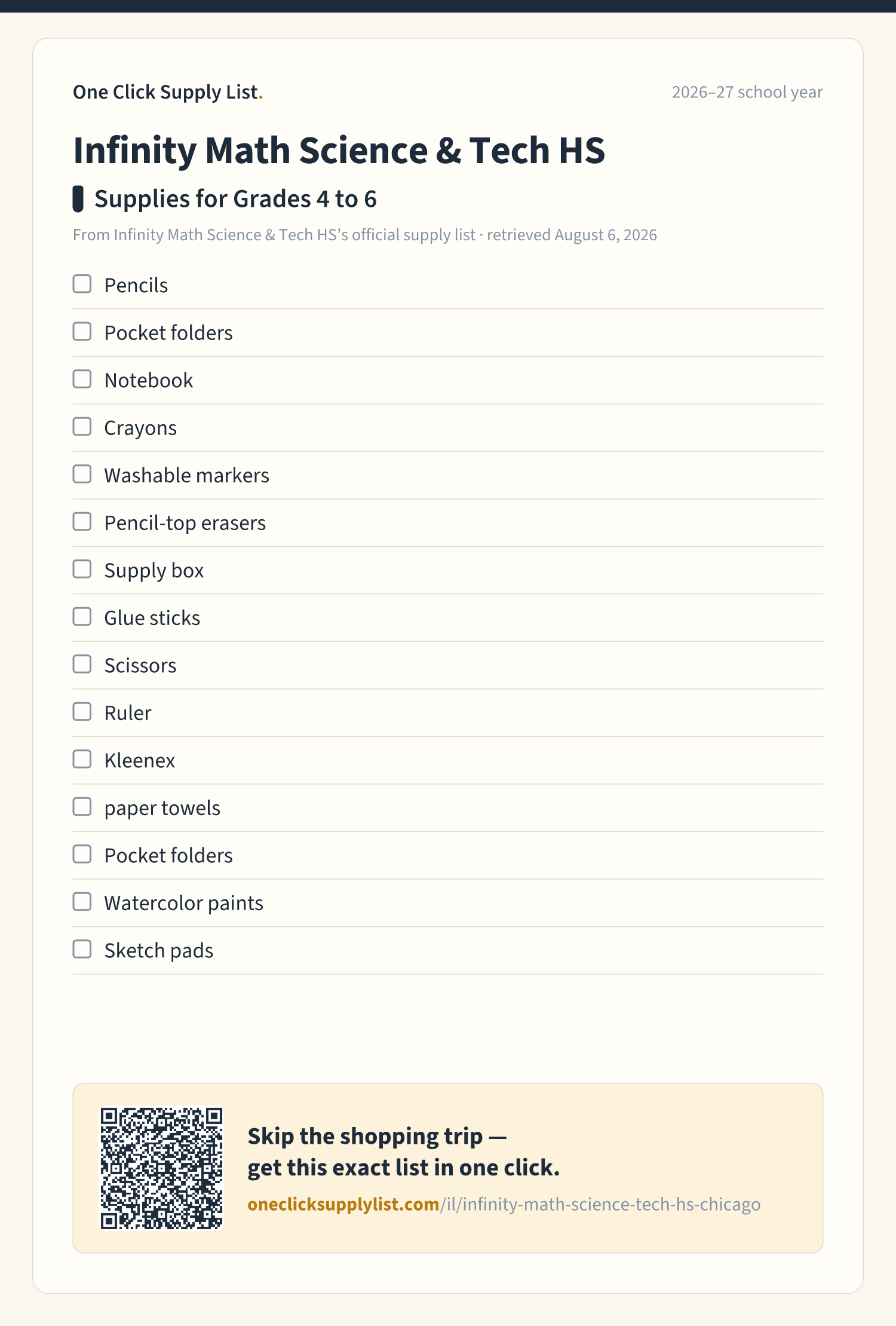 Infinity Math Science & Tech HS Supplies for Grades 4 to 6 supply list — printable image