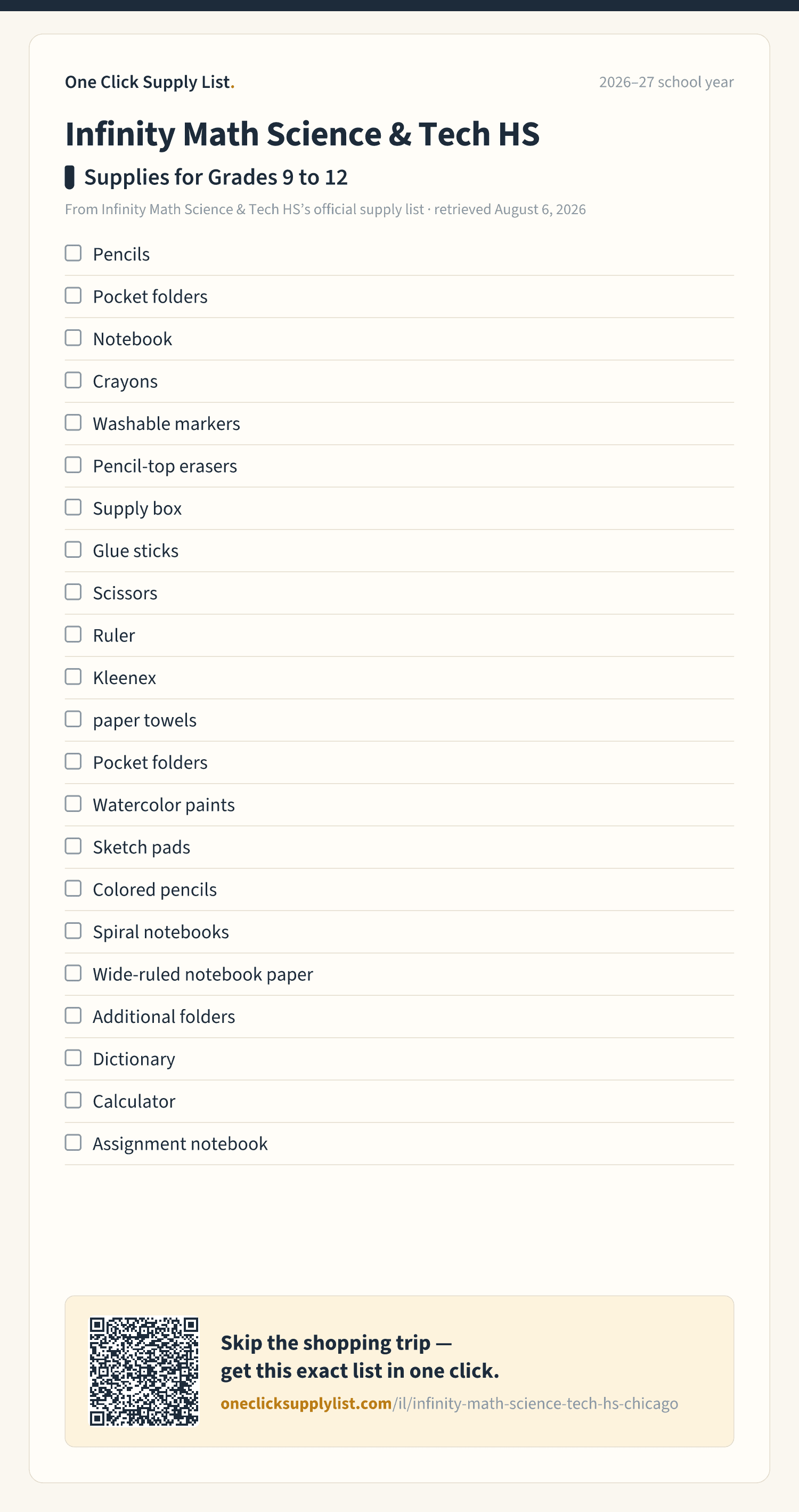 Infinity Math Science & Tech HS Supplies for Grades 9 to 12 supply list — printable image