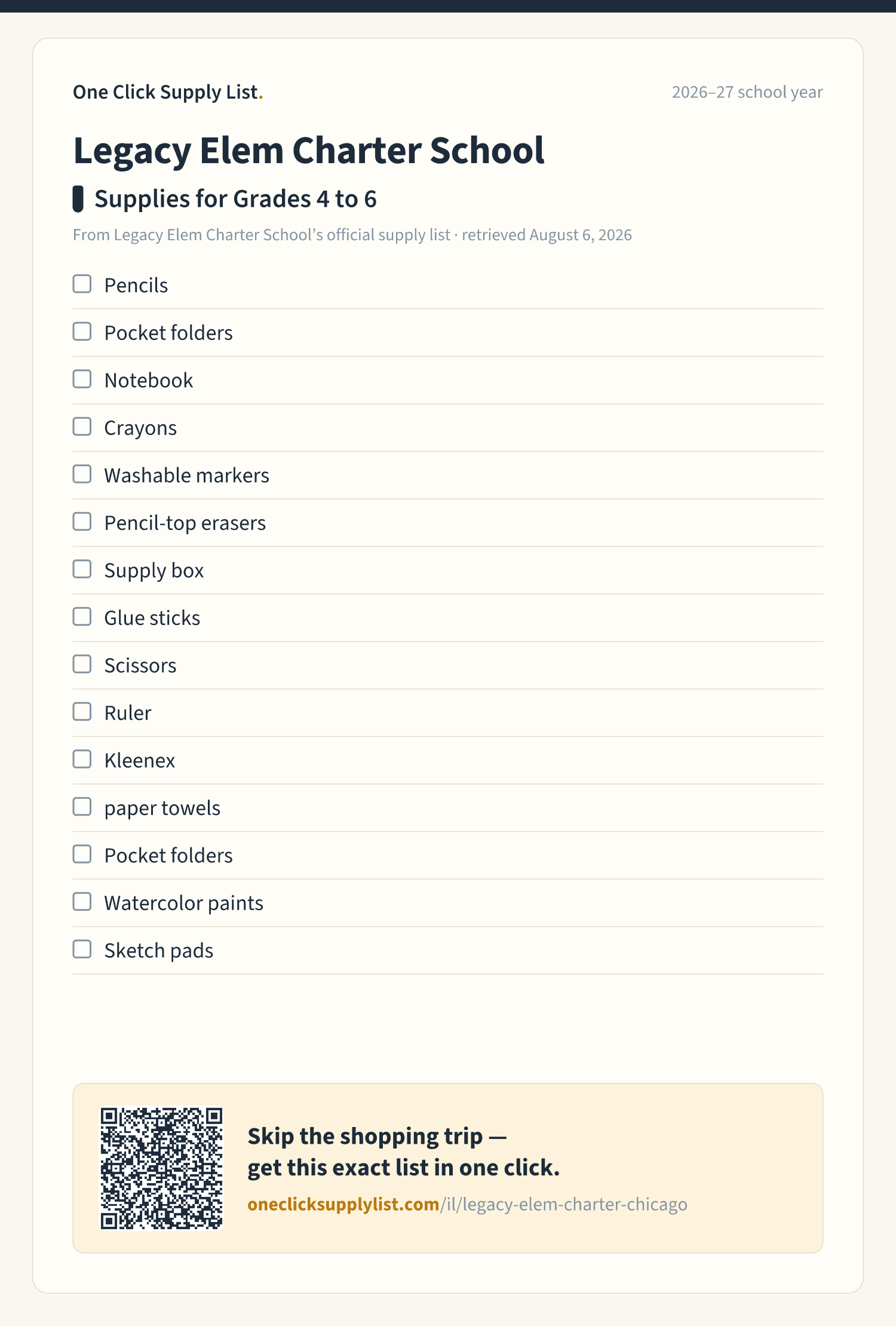 Legacy Elem Charter School Supplies for Grades 4 to 6 supply list — printable image