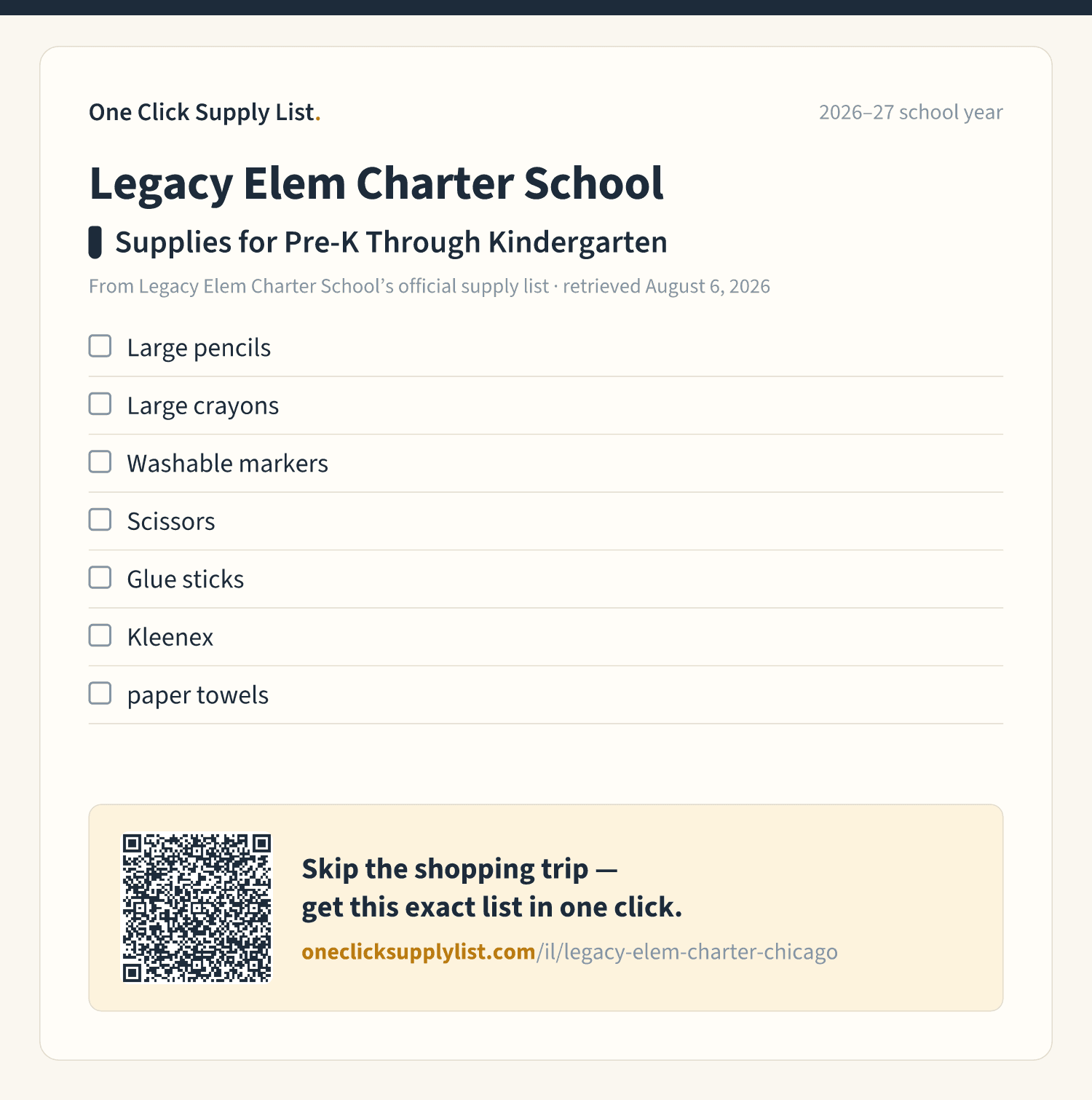 Legacy Elem Charter School Supplies for Pre-K Through Kindergarten supply list — printable image