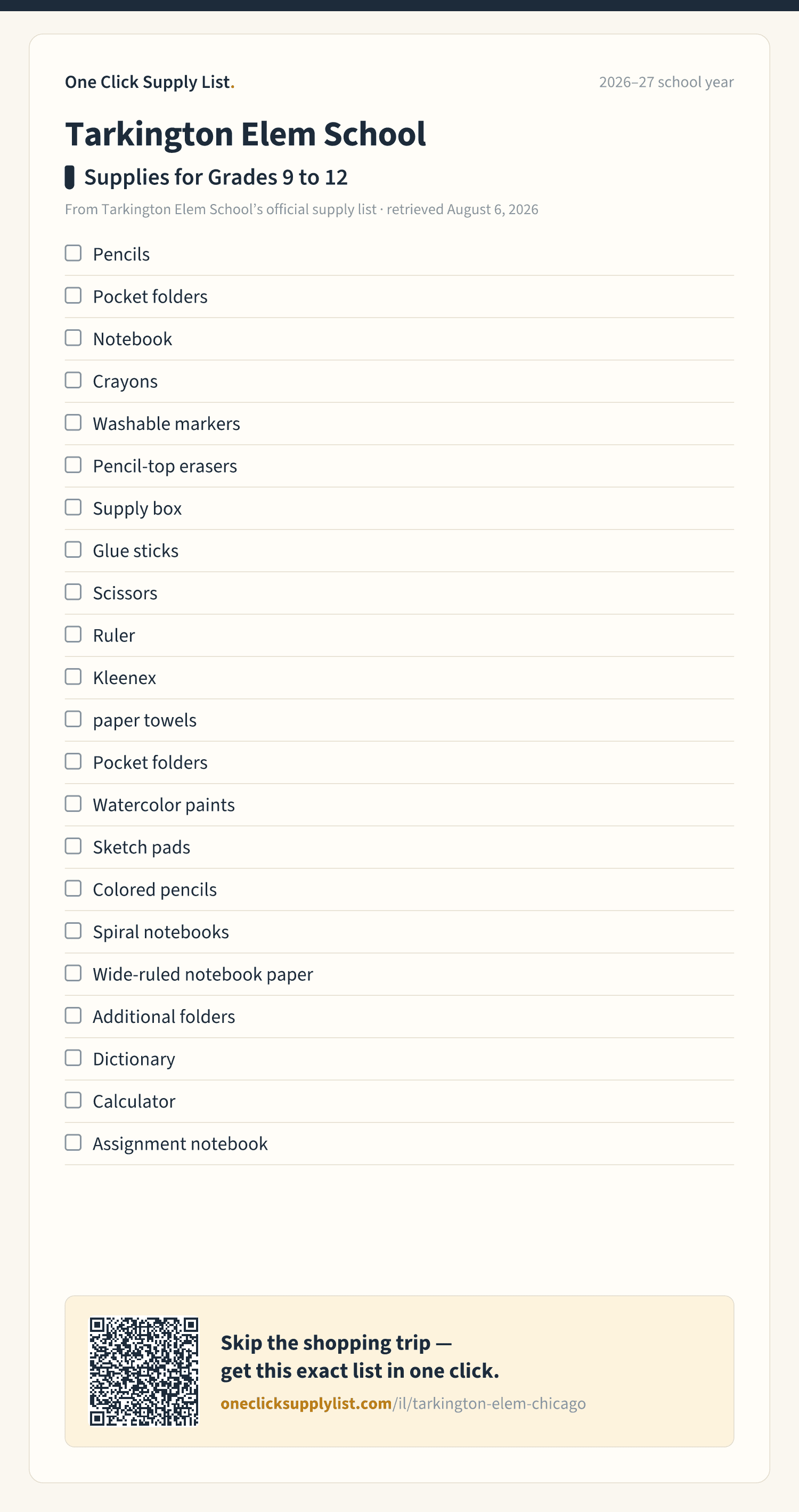 Tarkington Elem School Supplies for Grades 9 to 12 supply list — printable image