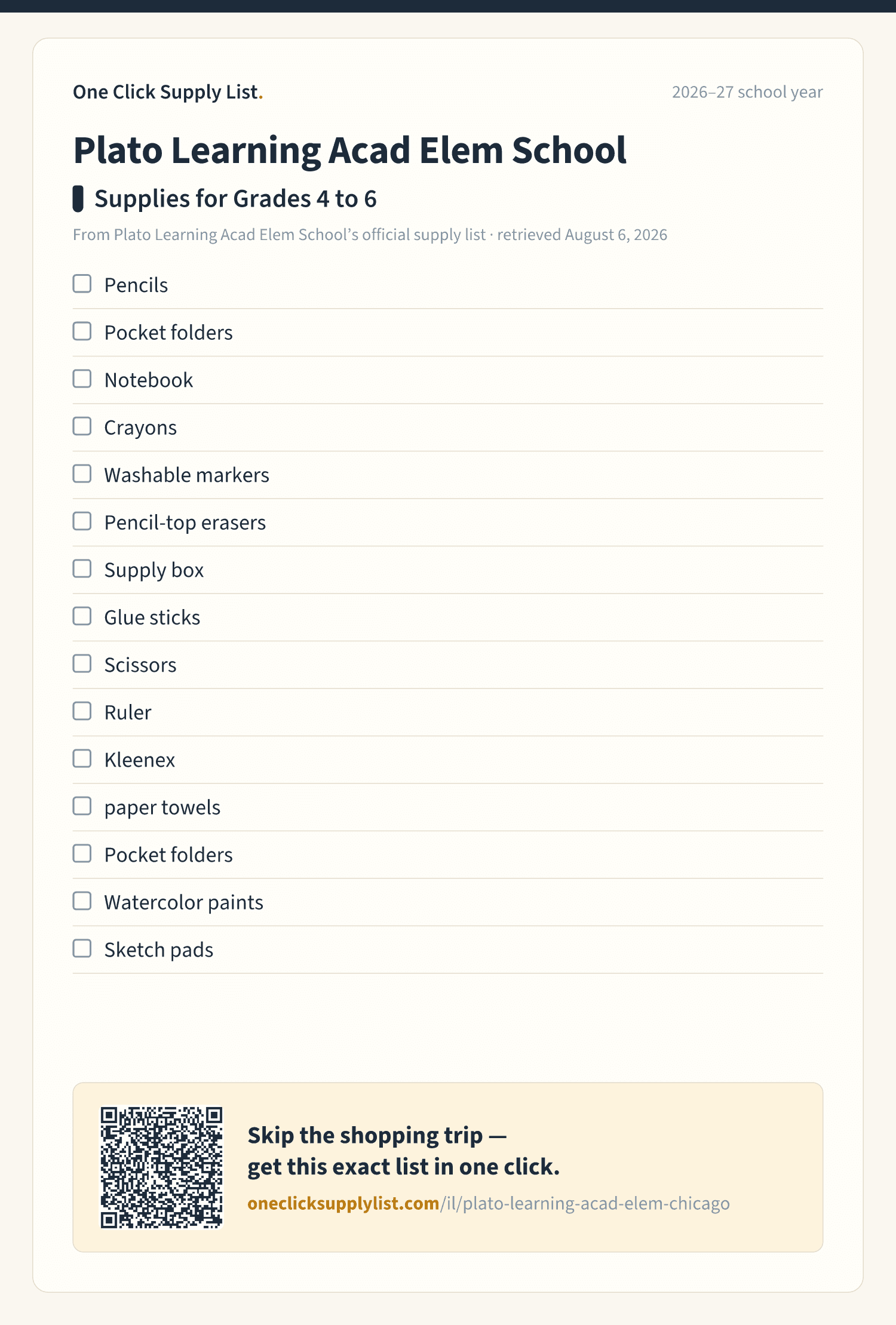 Plato Learning Acad Elem School Supplies for Grades 4 to 6 supply list — printable image