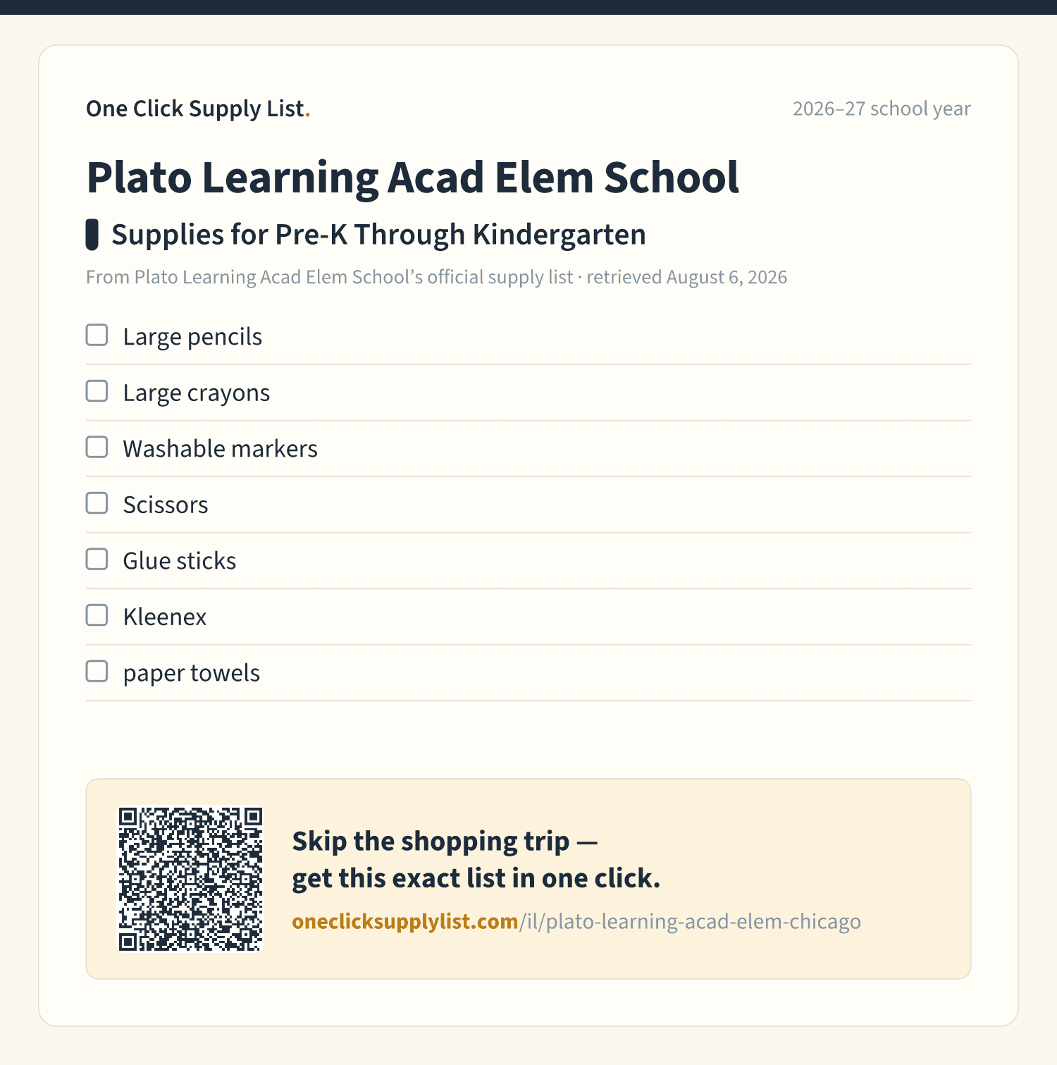 Plato Learning Acad Elem School Supplies for Pre-K Through Kindergarten supply list — printable image