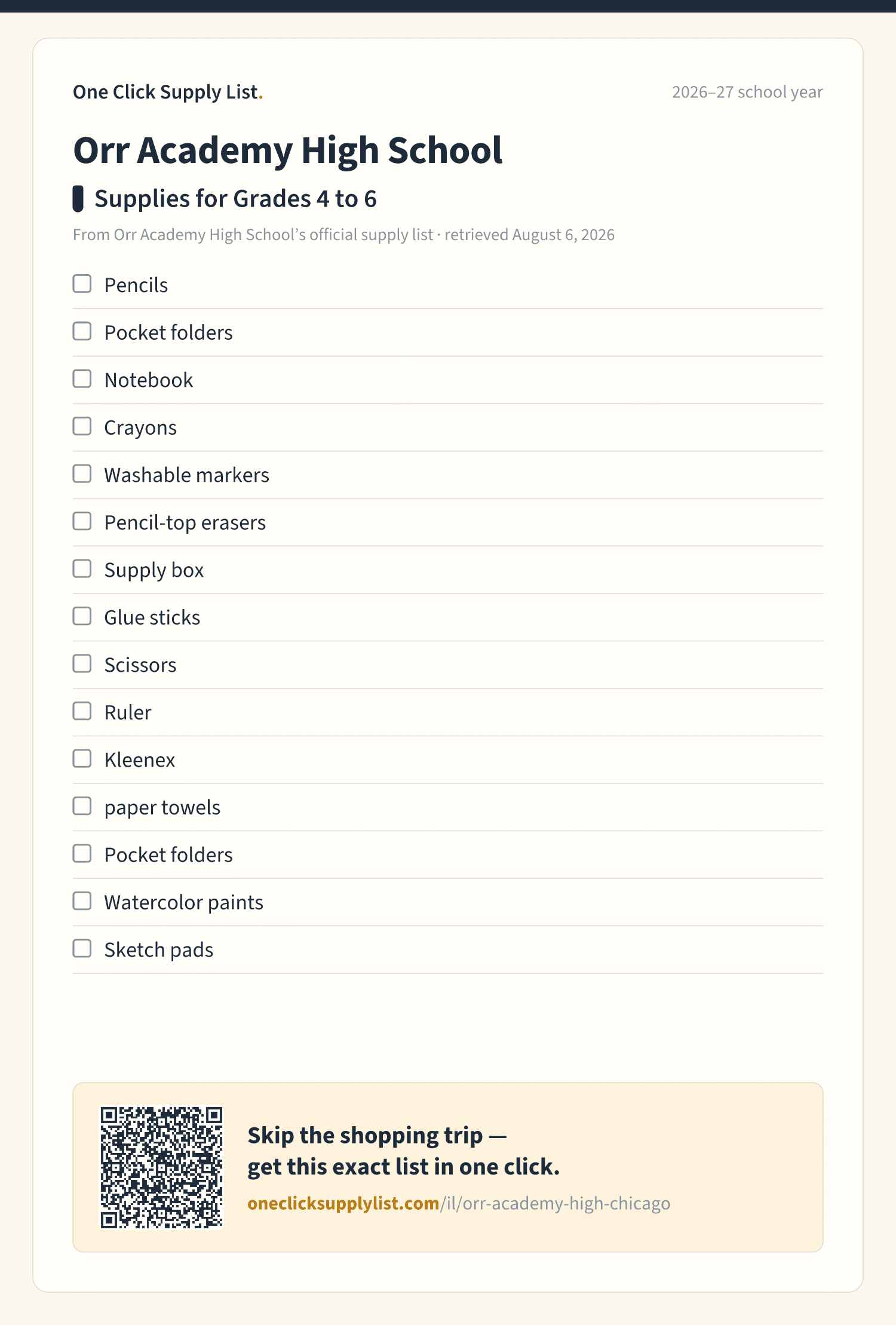 Orr Academy High School Supplies for Grades 4 to 6 supply list — printable image