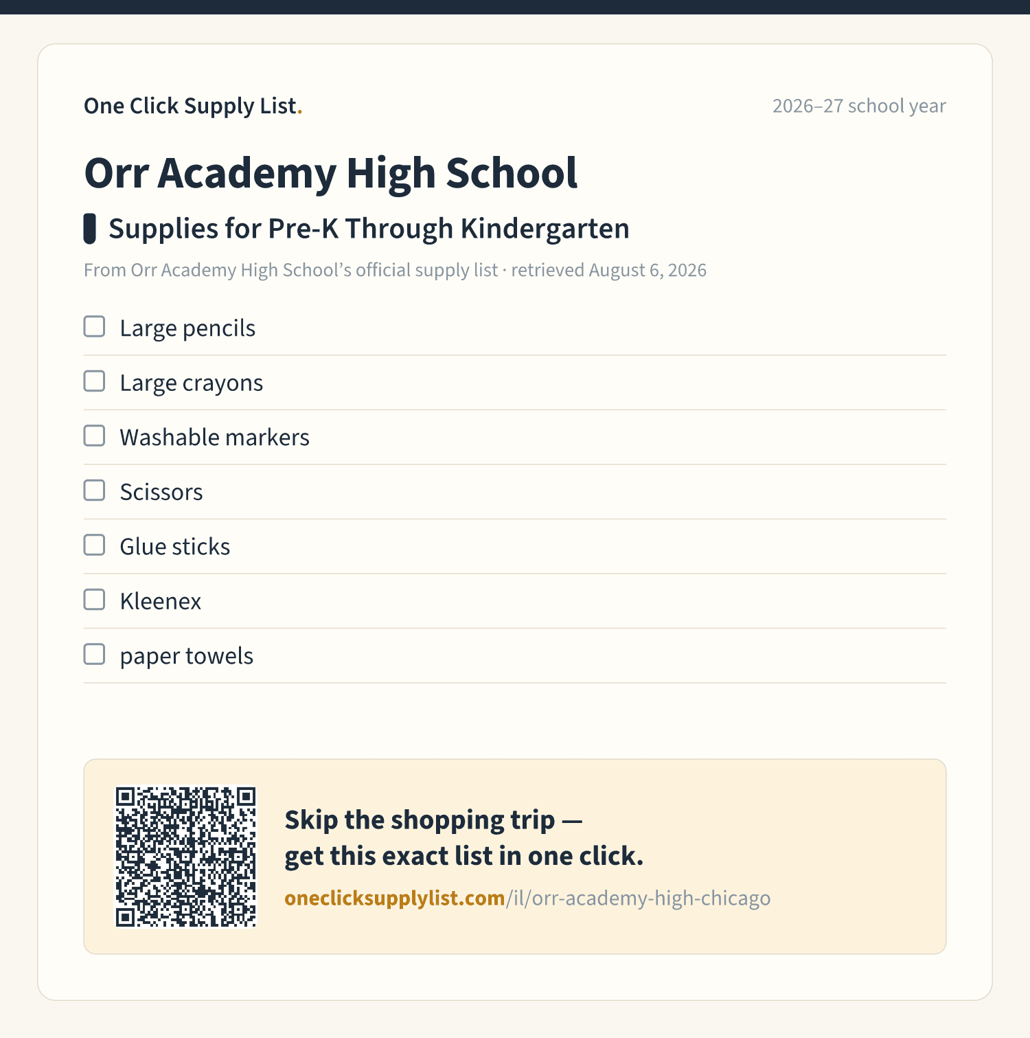 Orr Academy High School Supplies for Pre-K Through Kindergarten supply list — printable image