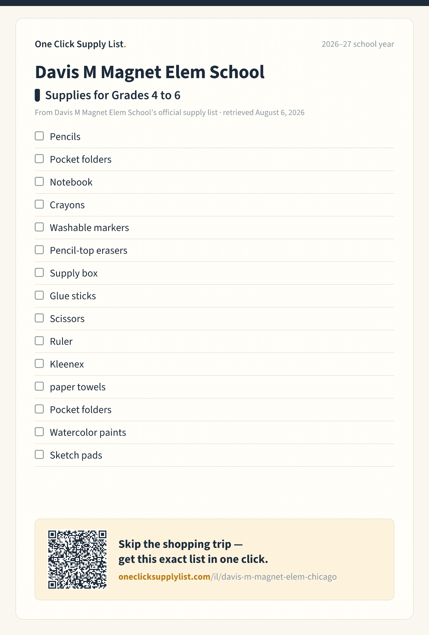 Davis M Magnet Elem School Supplies for Grades 4 to 6 supply list — printable image