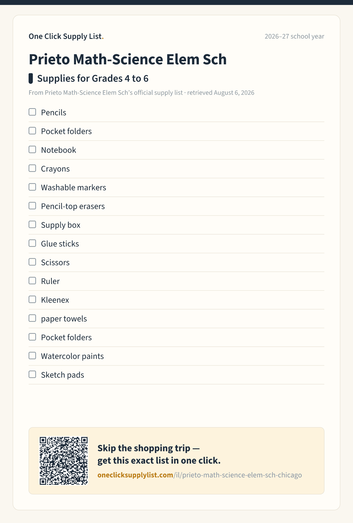 Prieto Math-Science Elem Sch Supplies for Grades 4 to 6 supply list — printable image