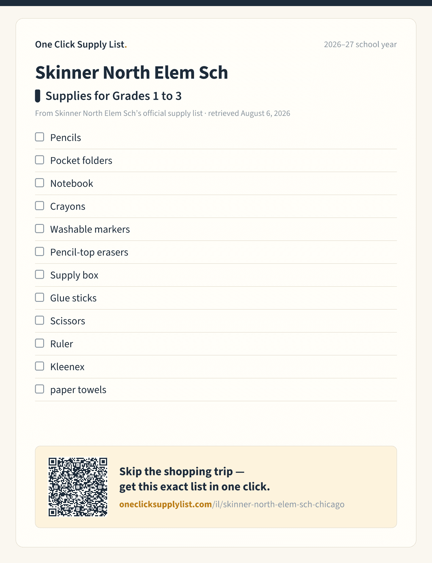 Skinner North Elem Sch Supplies for Grades 1 to 3 supply list — printable image