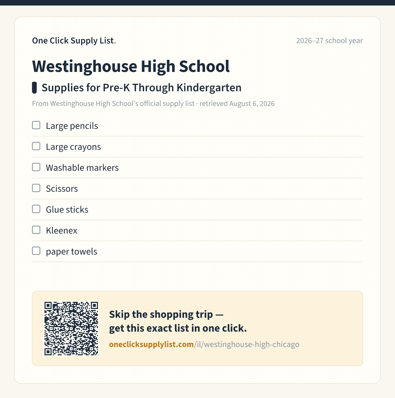 Westinghouse High School Supplies for Pre-K Through Kindergarten supply list — printable image