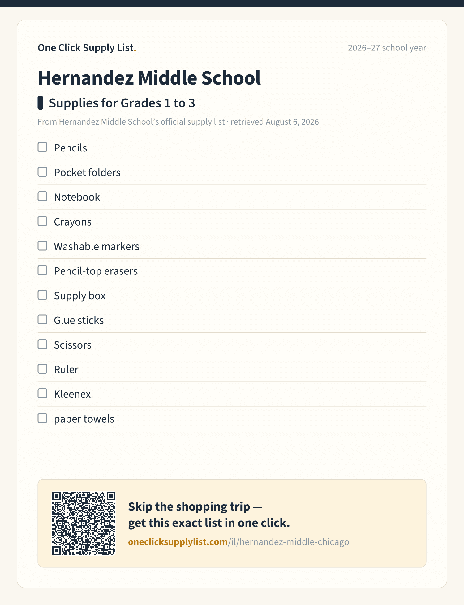 Hernandez Middle School Supplies for Grades 1 to 3 supply list — printable image