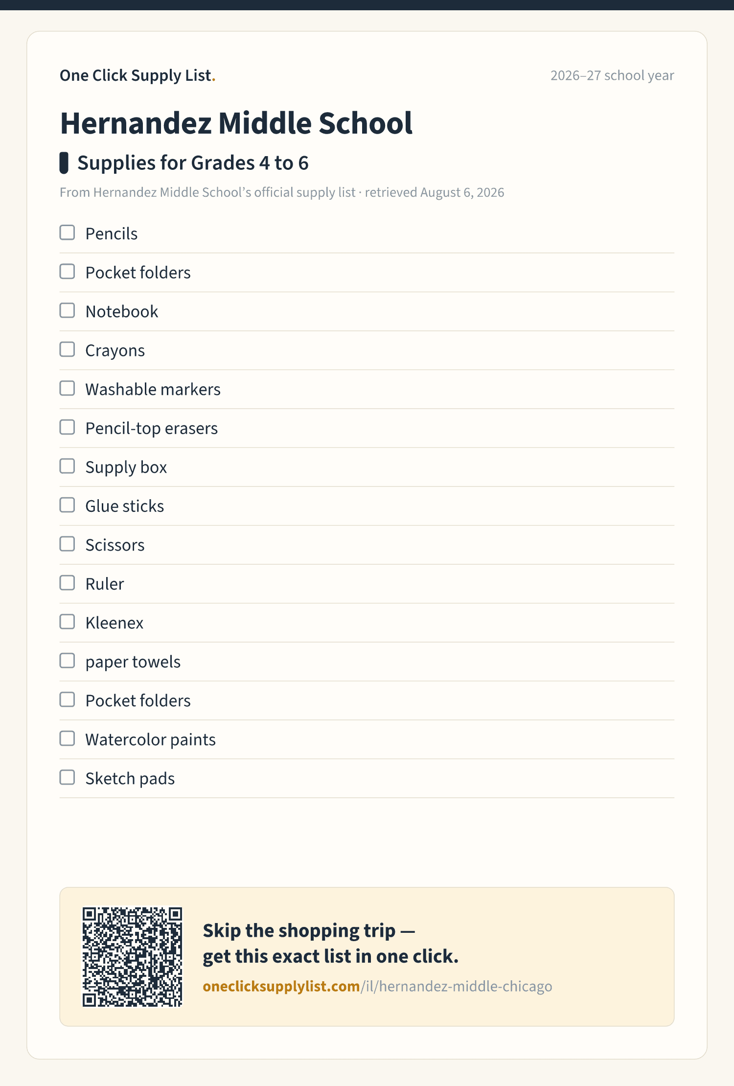 Hernandez Middle School Supplies for Grades 4 to 6 supply list — printable image