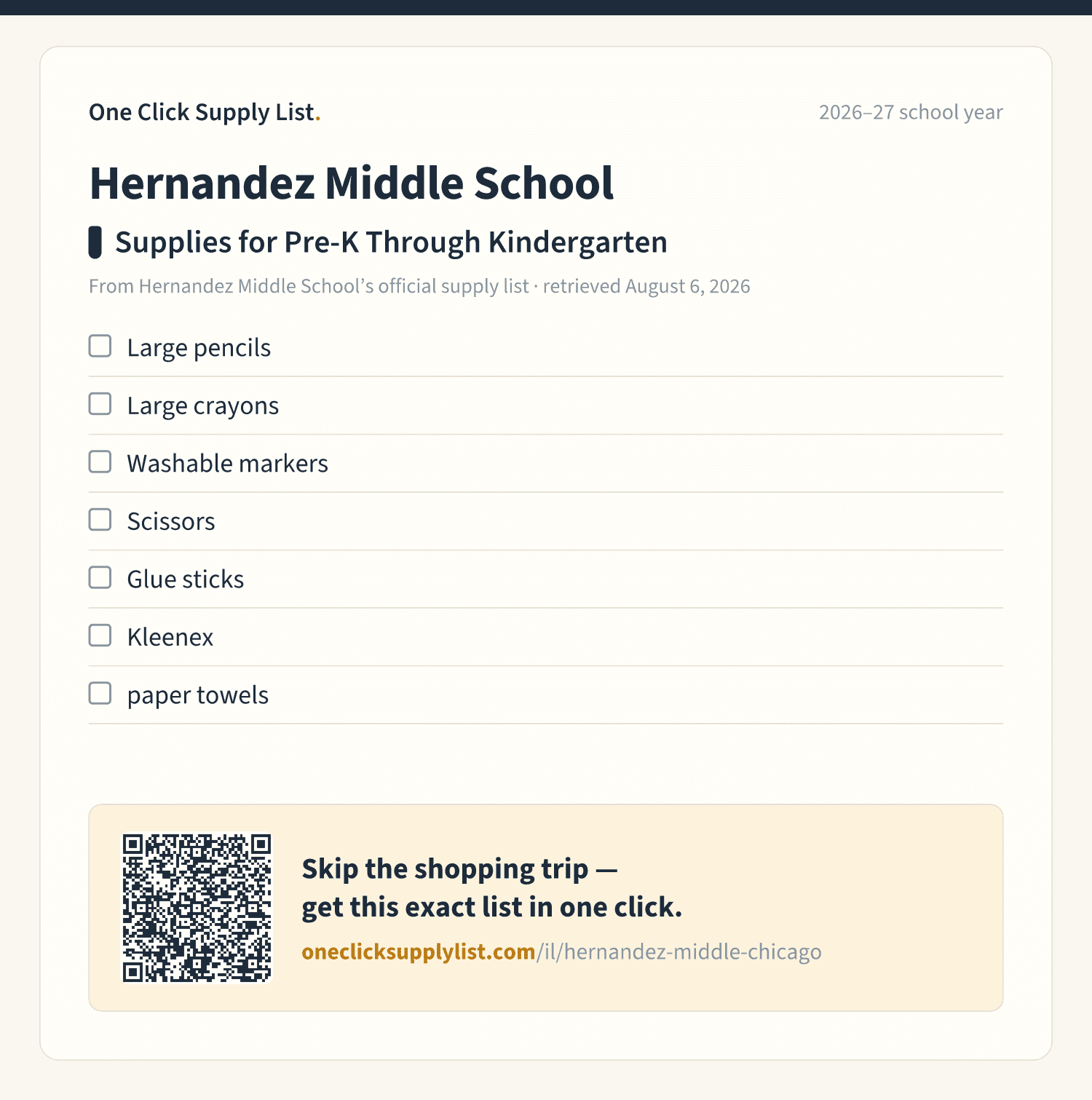 Hernandez Middle School Supplies for Pre-K Through Kindergarten supply list — printable image