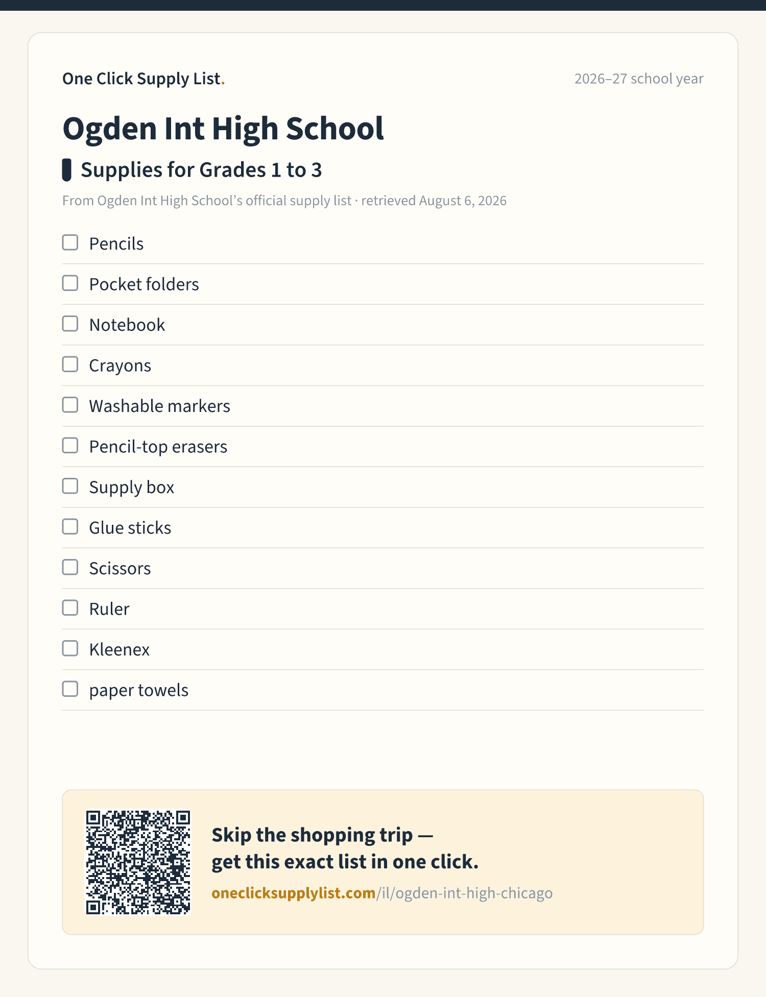 Ogden Int High School Supplies for Grades 1 to 3 supply list — printable image