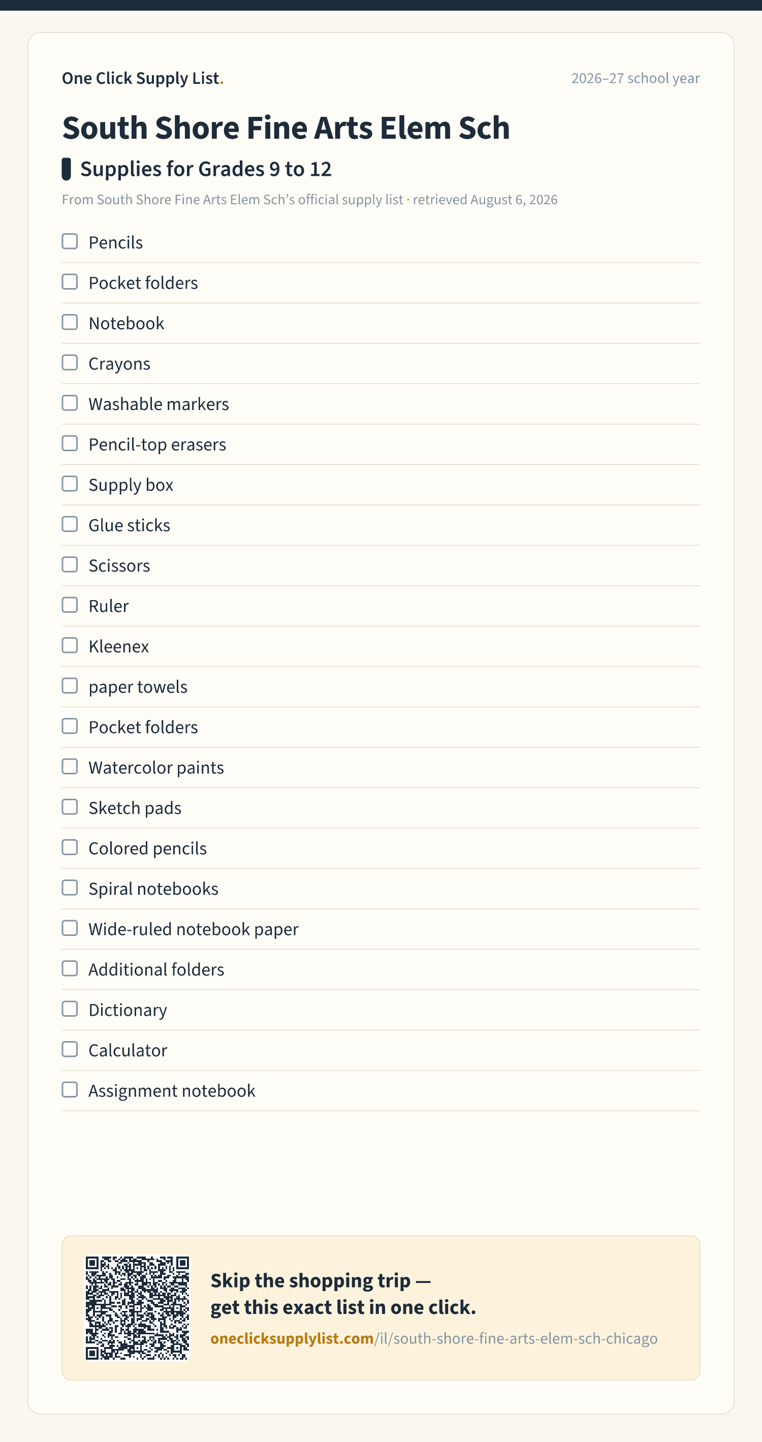 South Shore Fine Arts Elem Sch Supplies for Grades 9 to 12 supply list — printable image