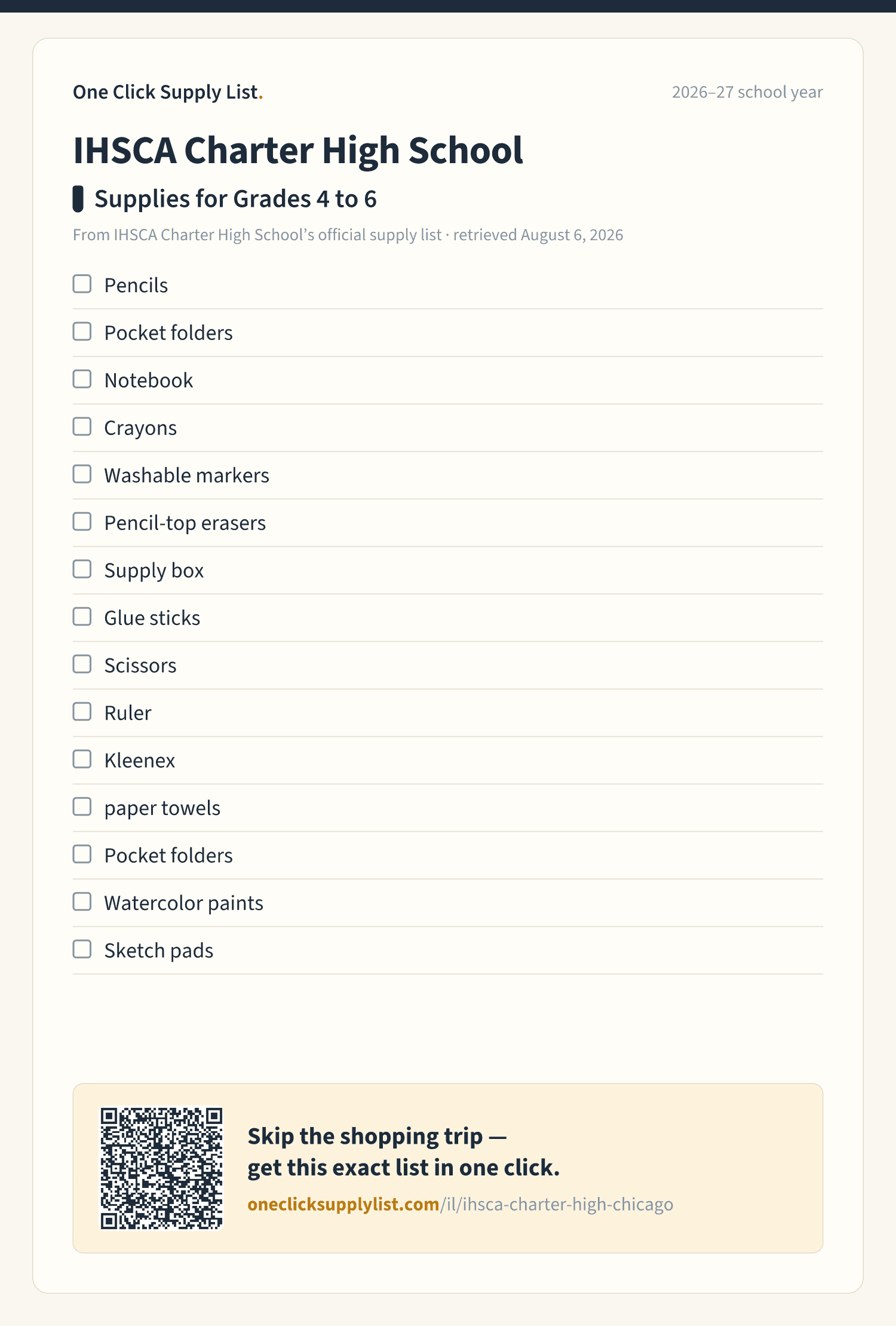 IHSCA Charter High School Supplies for Grades 4 to 6 supply list — printable image