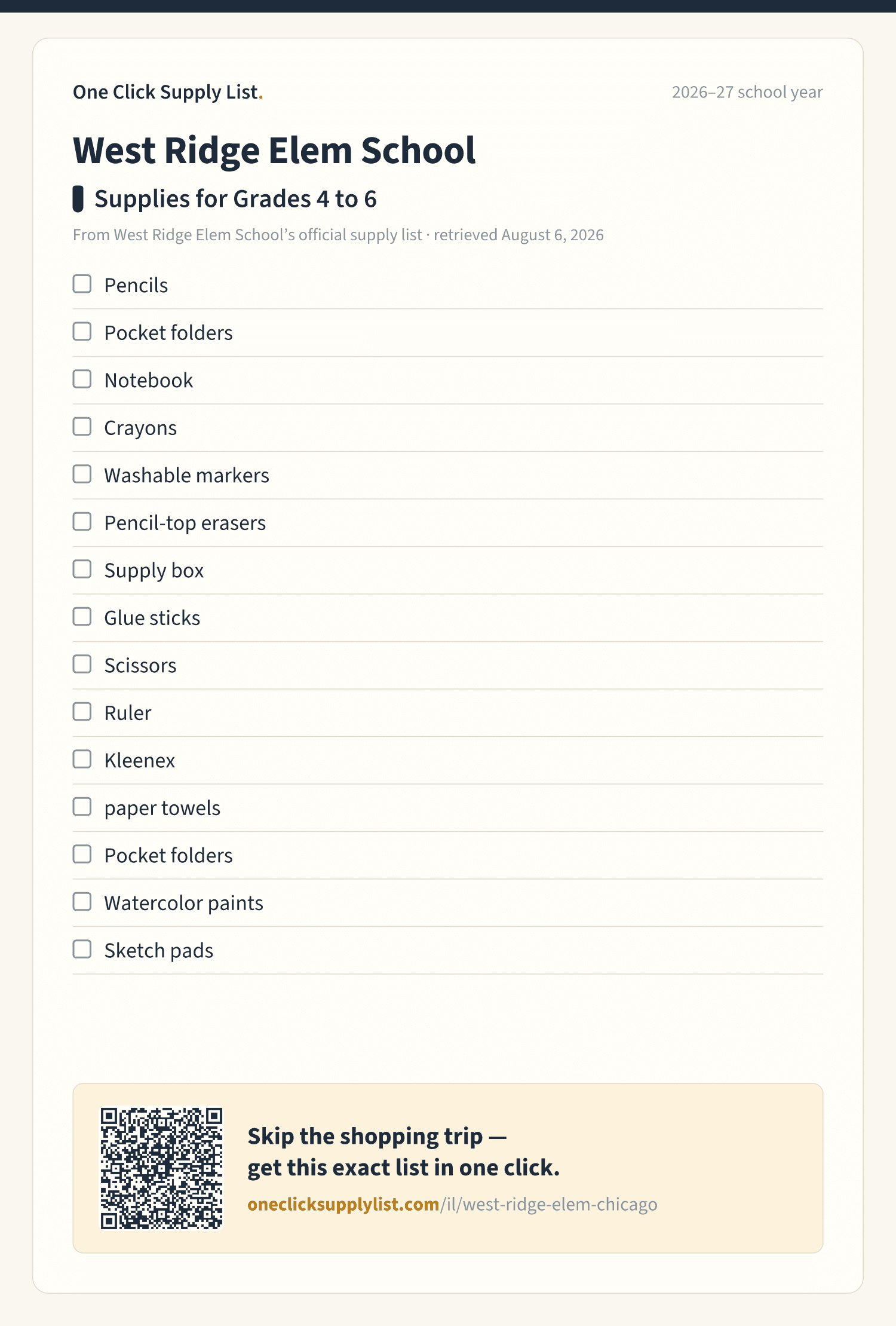 West Ridge Elem School Supplies for Grades 4 to 6 supply list — printable image