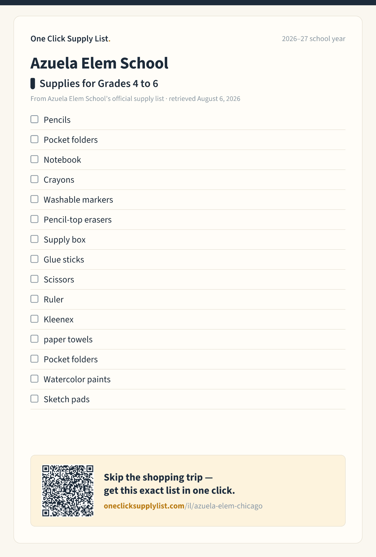 Azuela Elem School Supplies for Grades 4 to 6 supply list — printable image